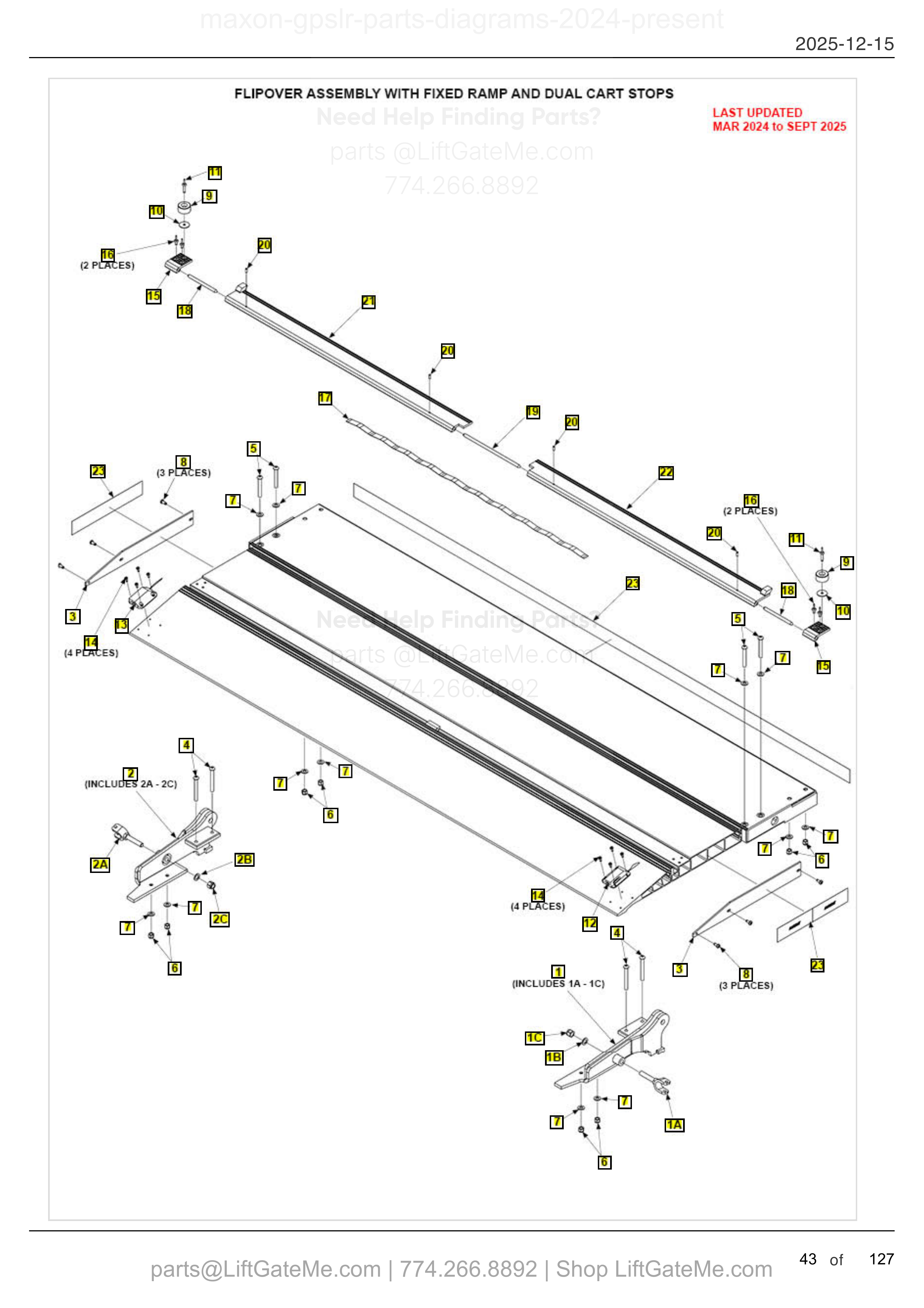FLIPOVER ASSEMBLY WITH FIXED RAMP AND DUAL CART STOPS — MAR 2024 to SEPT 2025 diagram