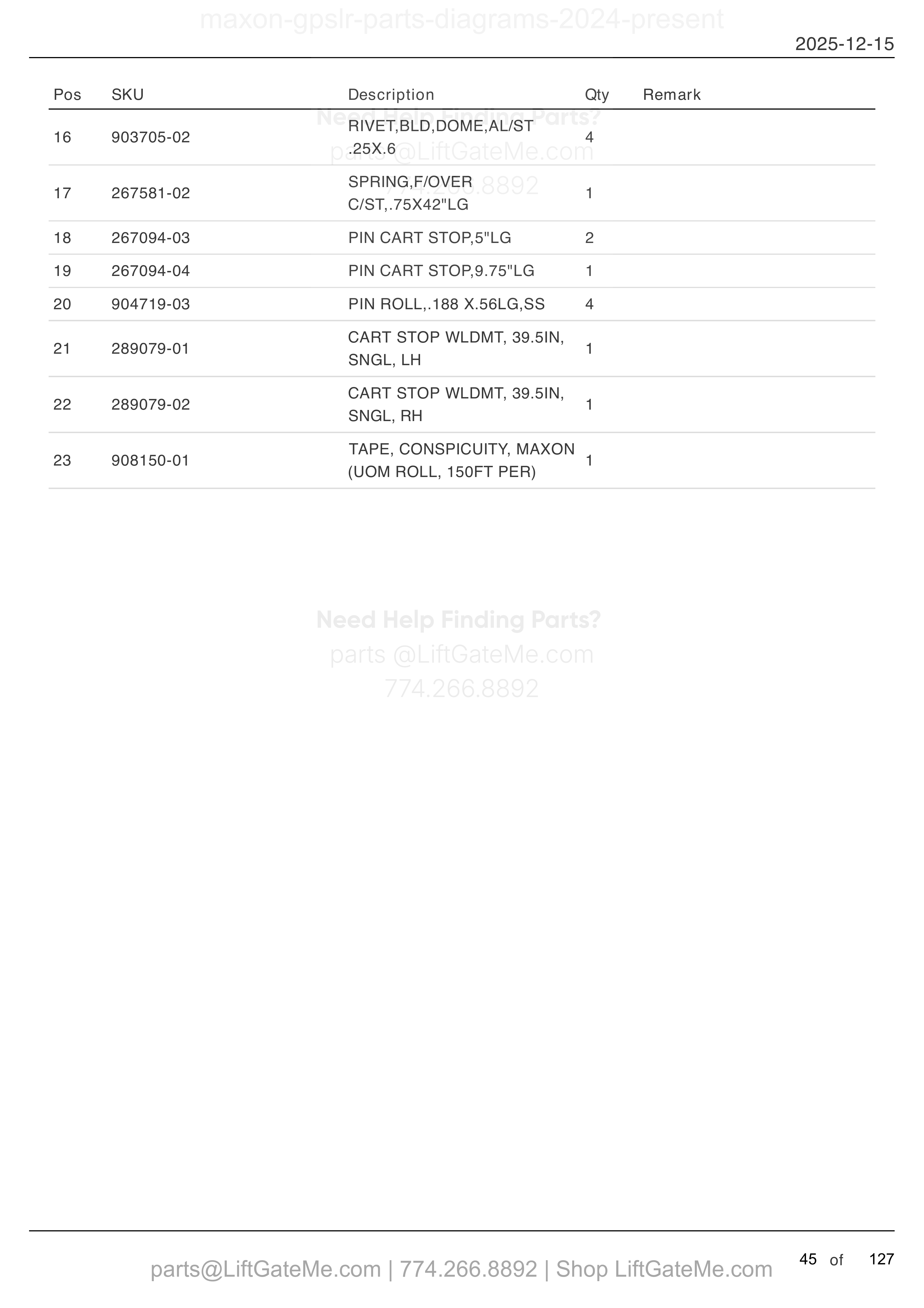 FLIPOVER ASSEMBLY WITH FIXED RAMP AND DUAL CART STOPS — MAR 2024 to SEPT 2025 parts table