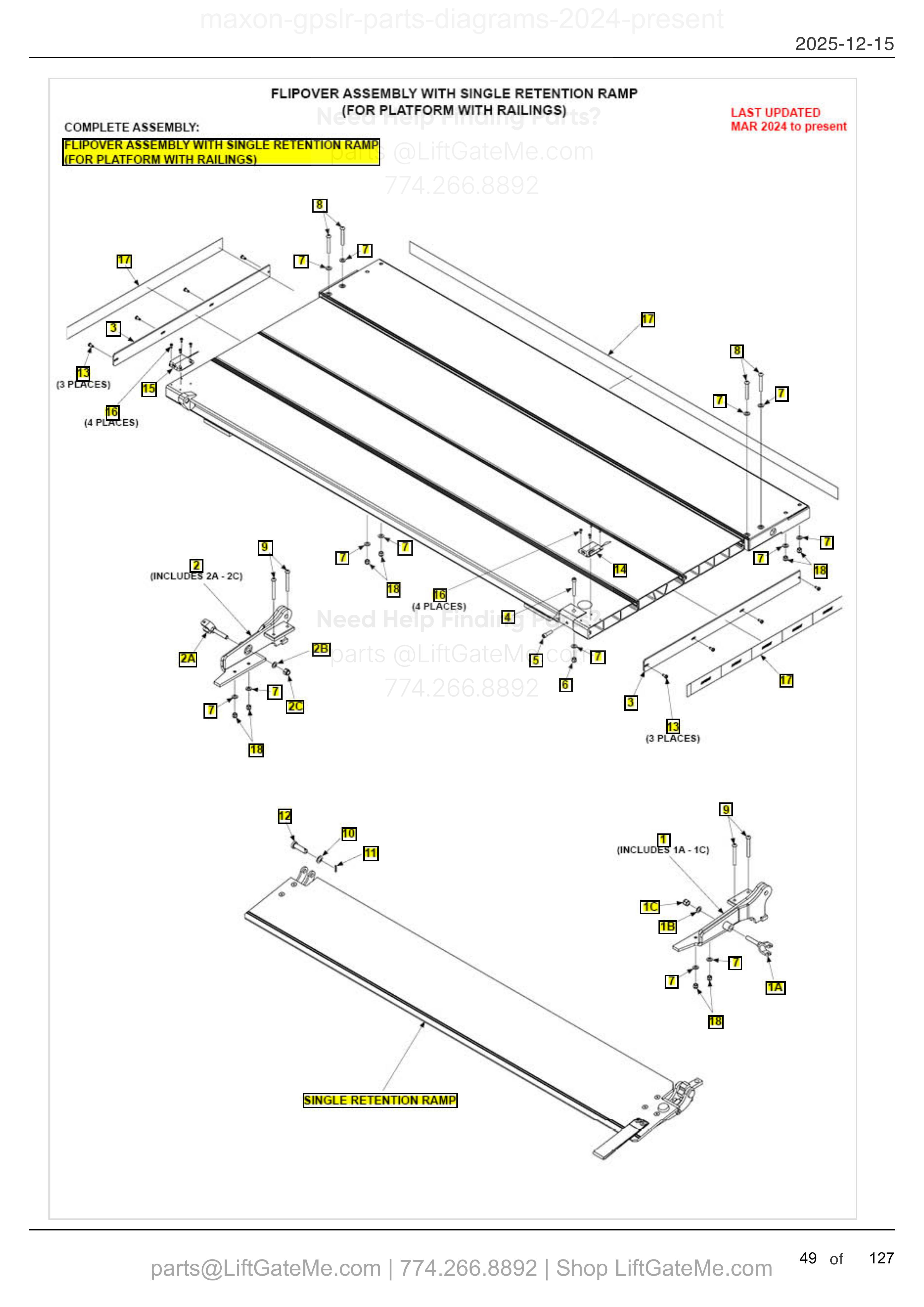 FLIPOVER ASSEMBLY WITH SINGLE RETENTION RAMP (FOR PLATFORM WITH RAILINGS) — MAR 2024 to present diagram