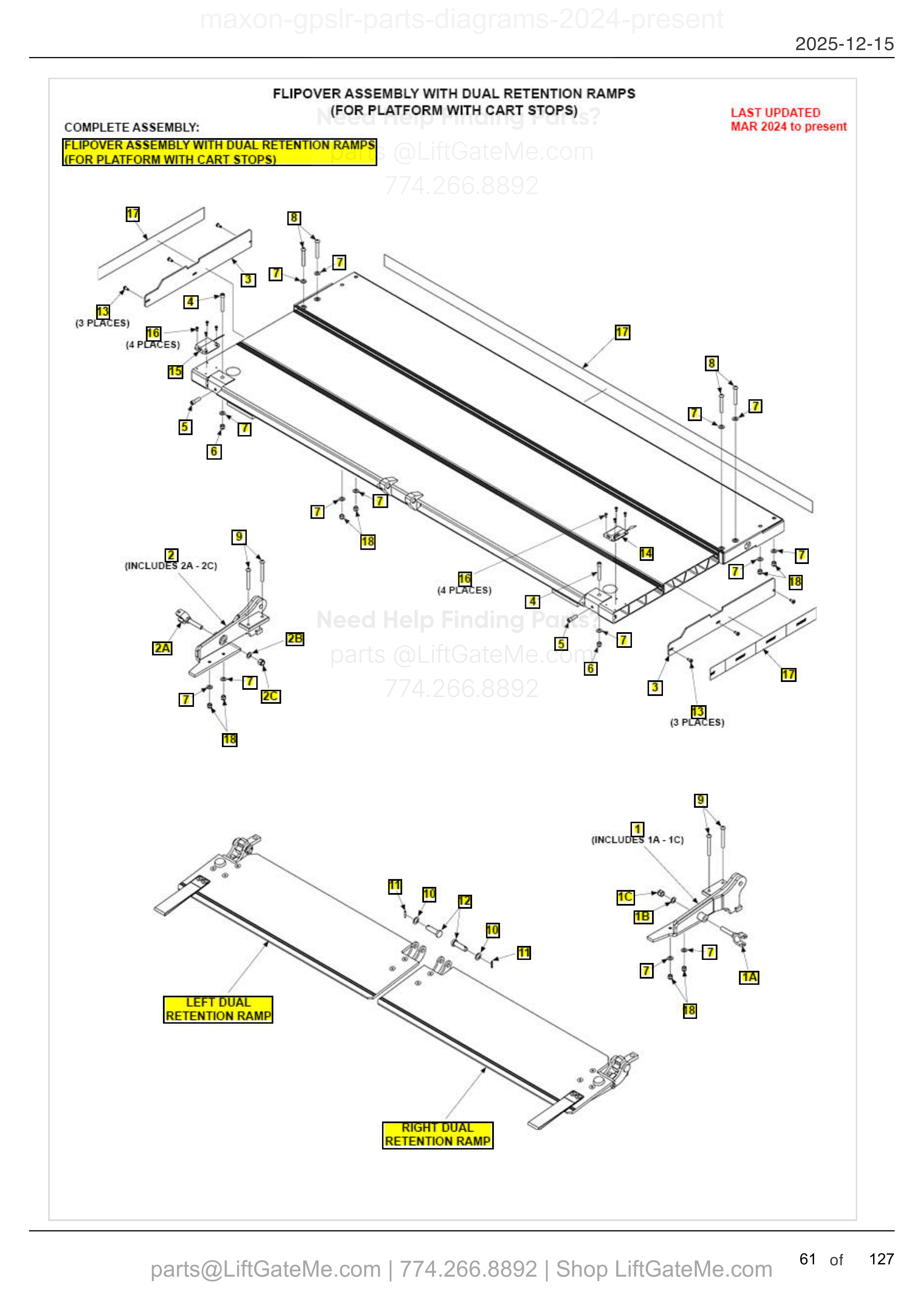 FLIPOVER ASSEMBLY WITH DUAL RETENTION RAMPS (FOR PLATFORM WITH CART STOPS) — MAR 2024 to present diagram
