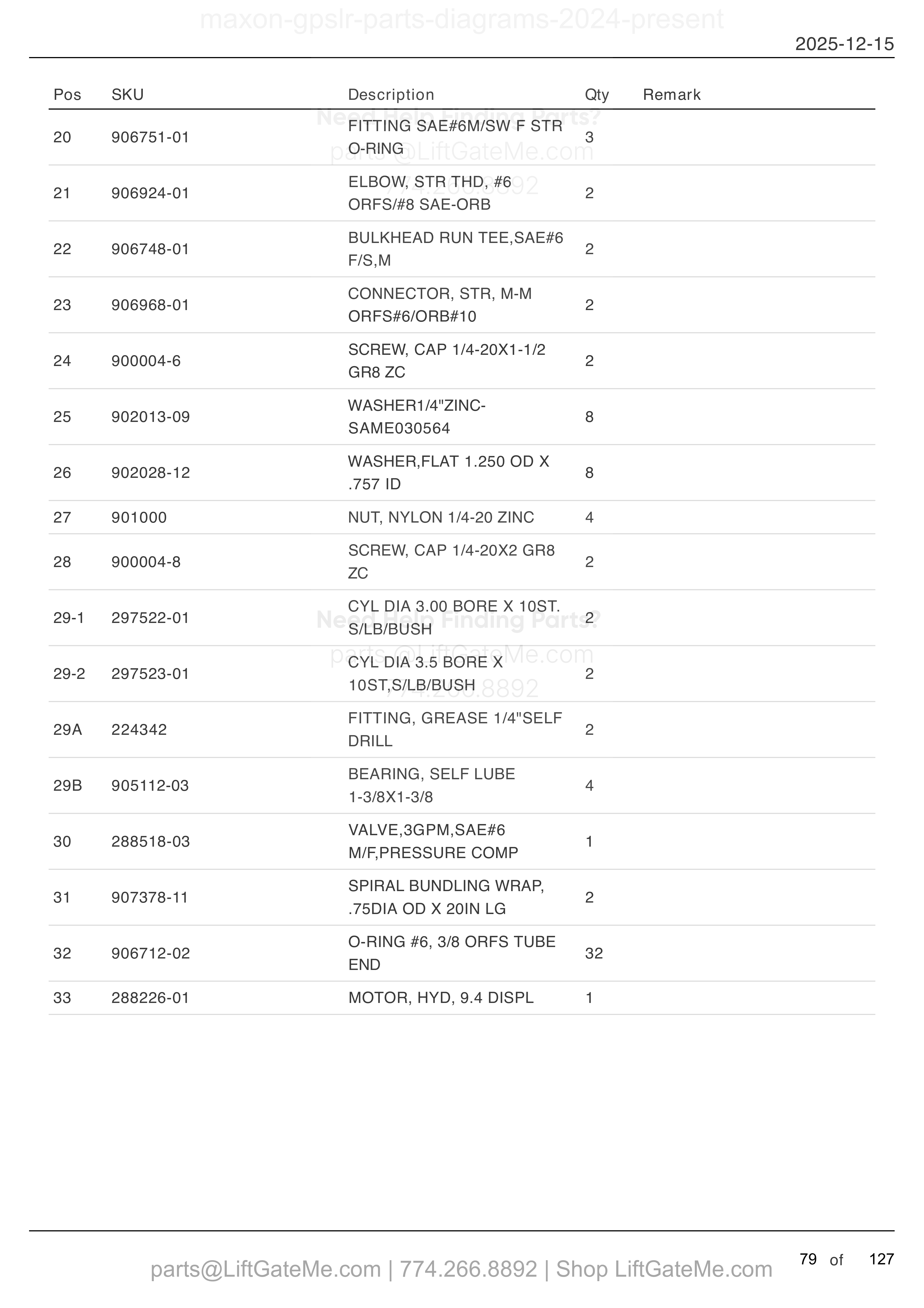 HYDRAULIC SYSTEMS - POWER DOWN — MAR 2024 to present (continued) parts table