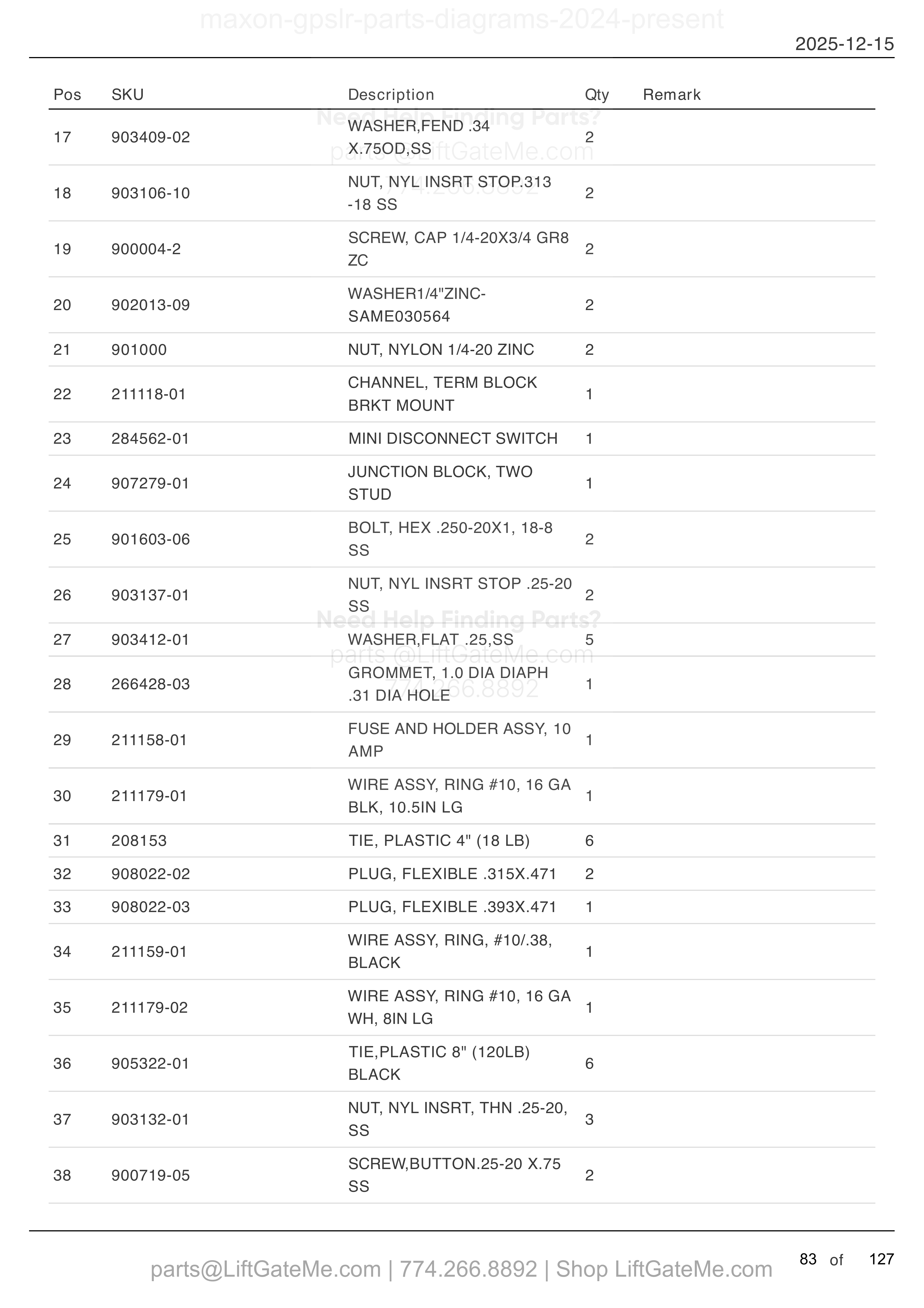 SINGLE PUMP ASSEMBLY — Sept 2025 to present (continued) parts table
