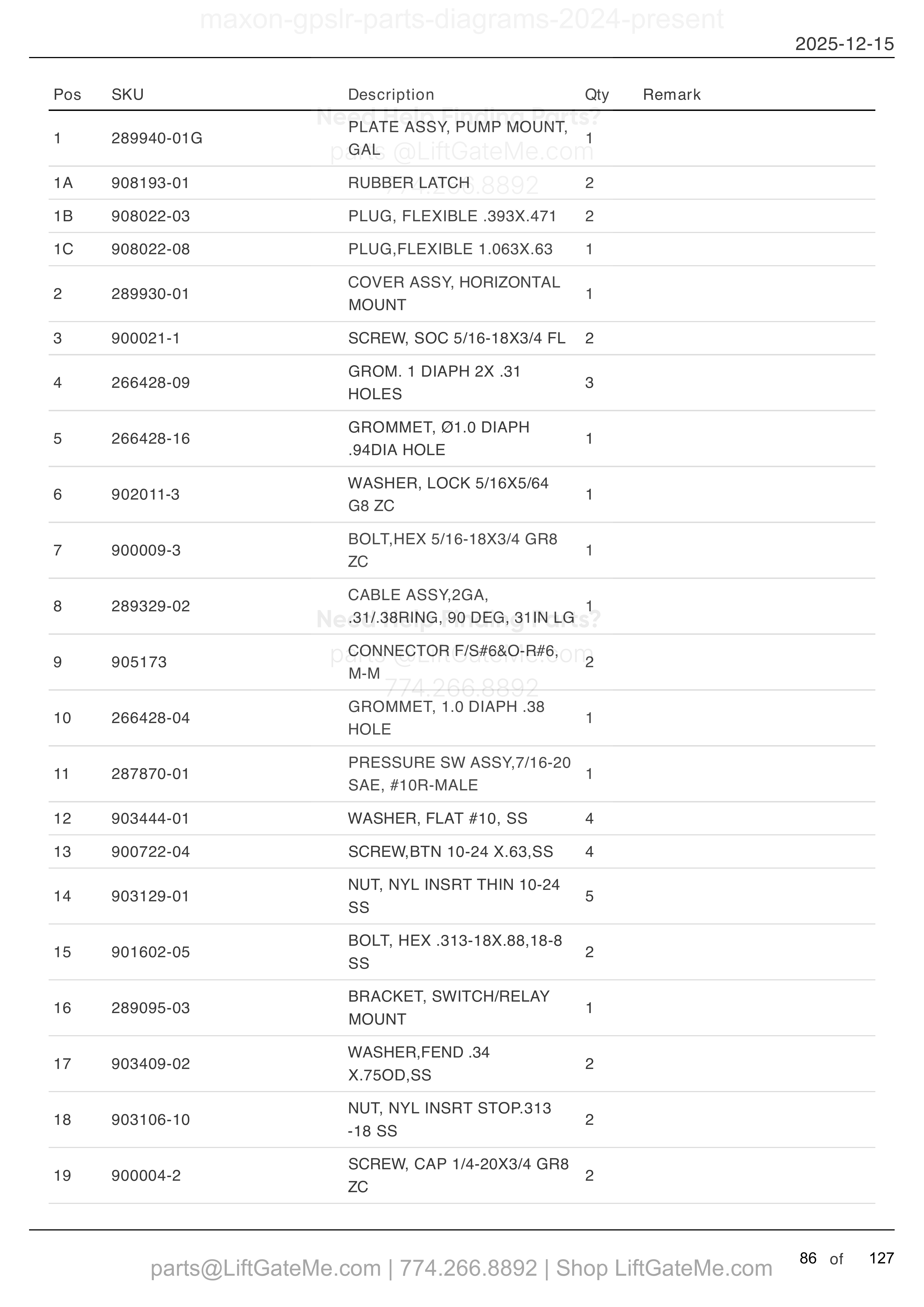 Single Pump Assembly — Mar 2024 to Aug 2025 (page 1) parts table