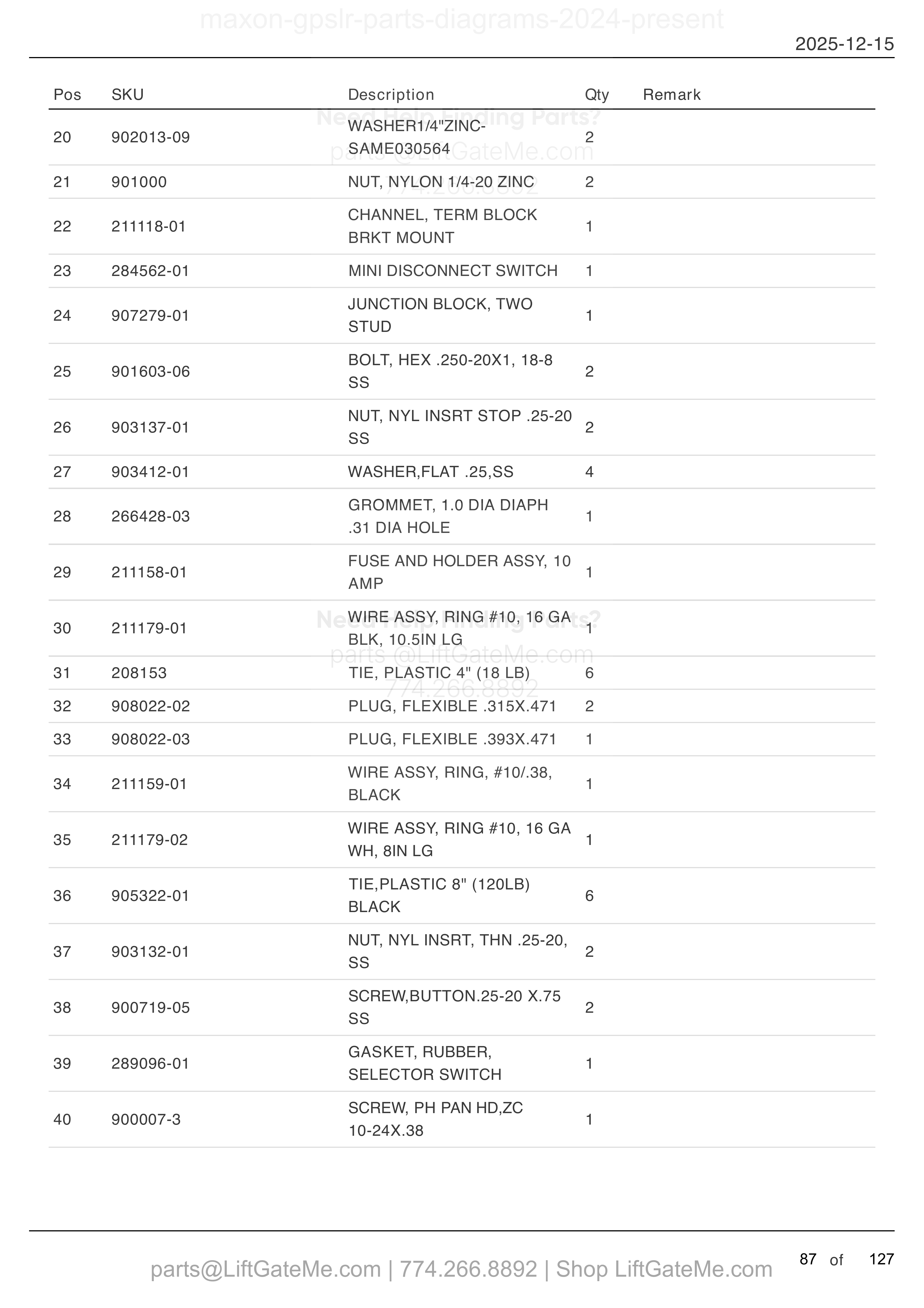 Single Pump Assembly — Mar 2024 to Aug 2025 (page 2) parts table