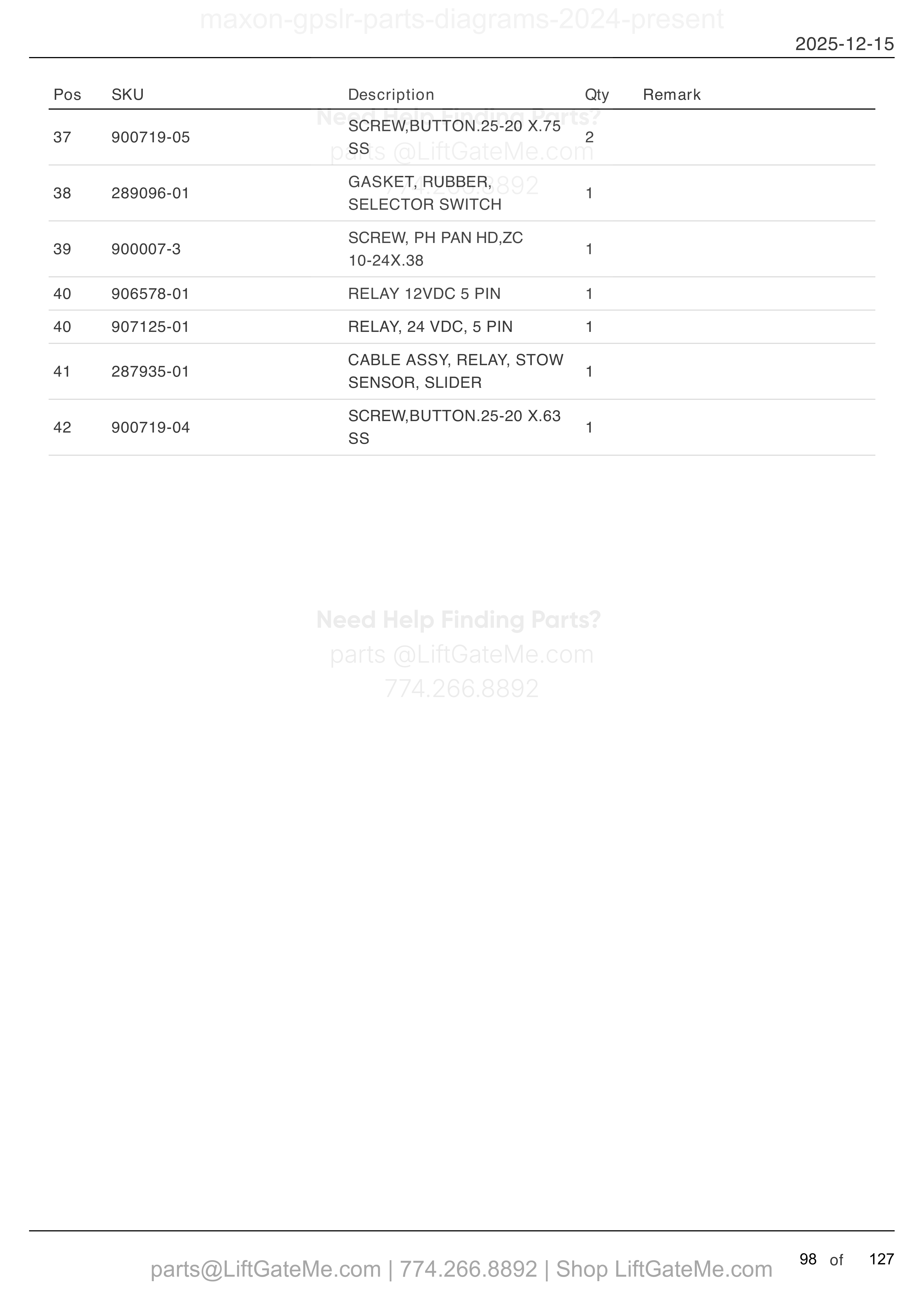 Dual Pump Assembly — Sept 2025 to present (continued) parts table