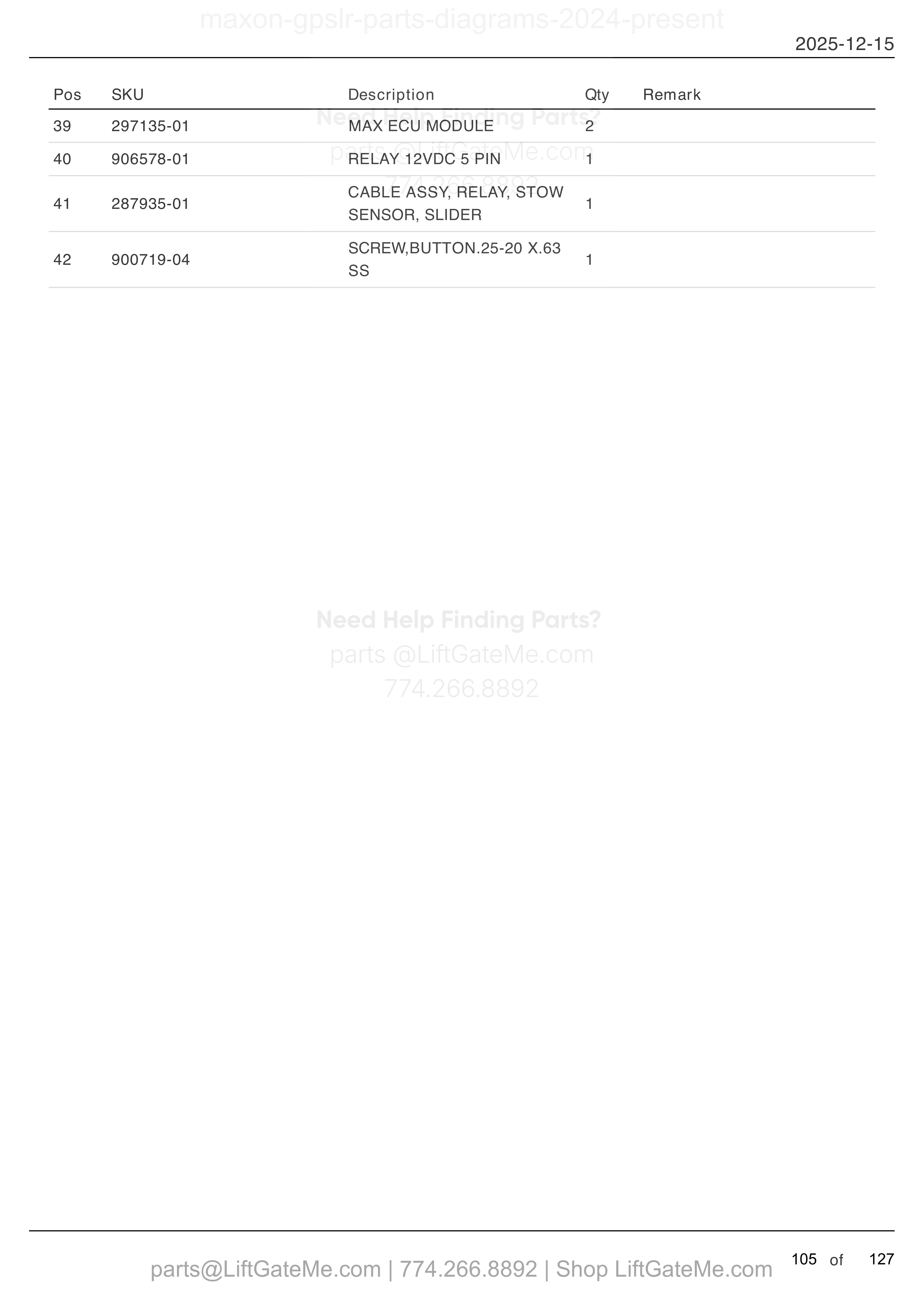 DUAL PUMP ASSEMBLY ECU — Sept 2025 to present (continued) parts table