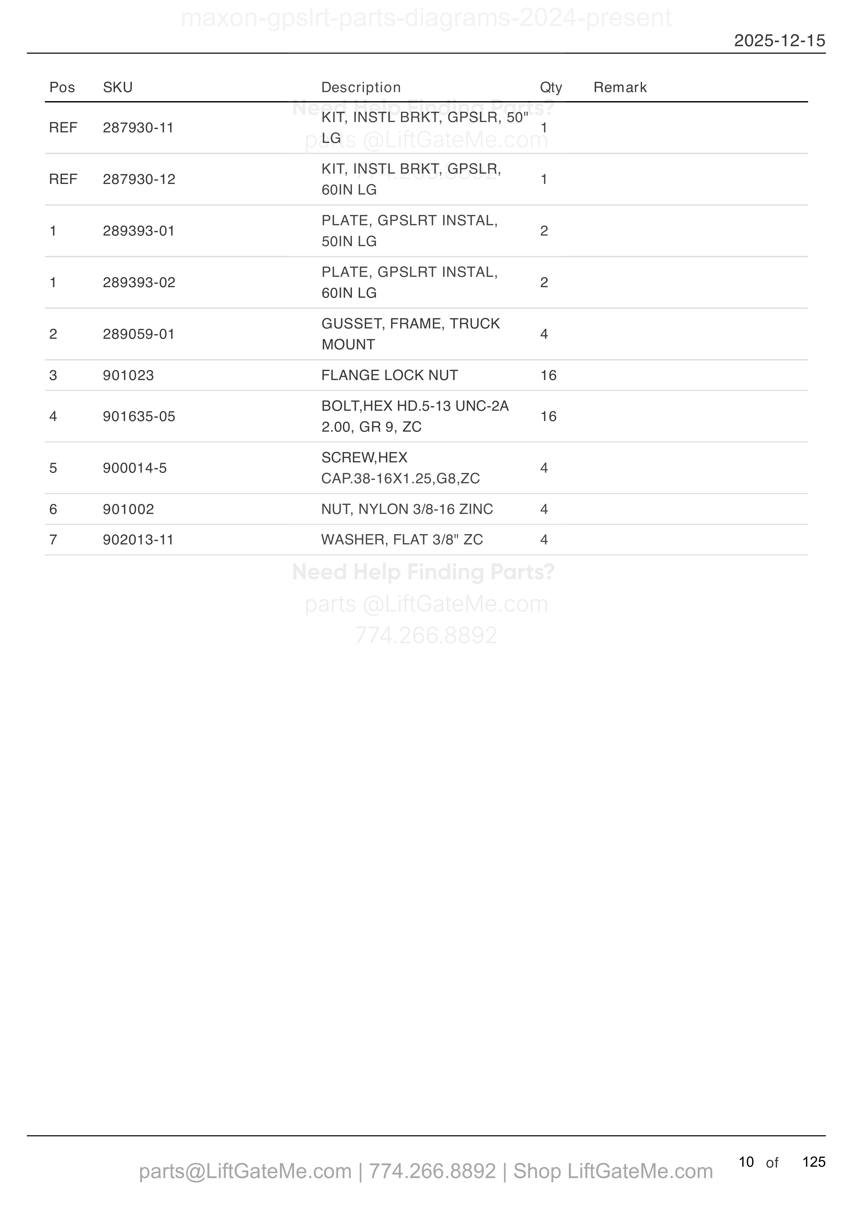Installation Brackets — Mar 2024 to present parts table