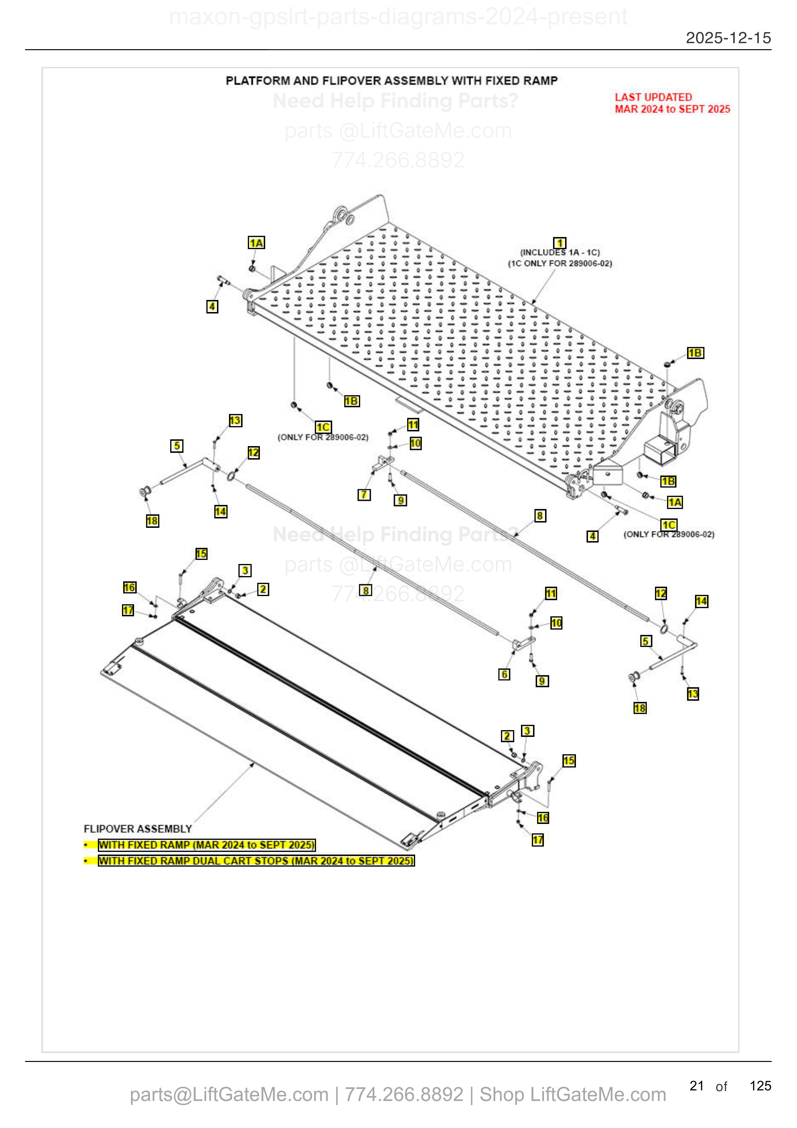 PLATFORM AND FLIPOVER ASSEMBLY WITH FIXED RAMP — MAR 2024 to SEPT 2025 diagram