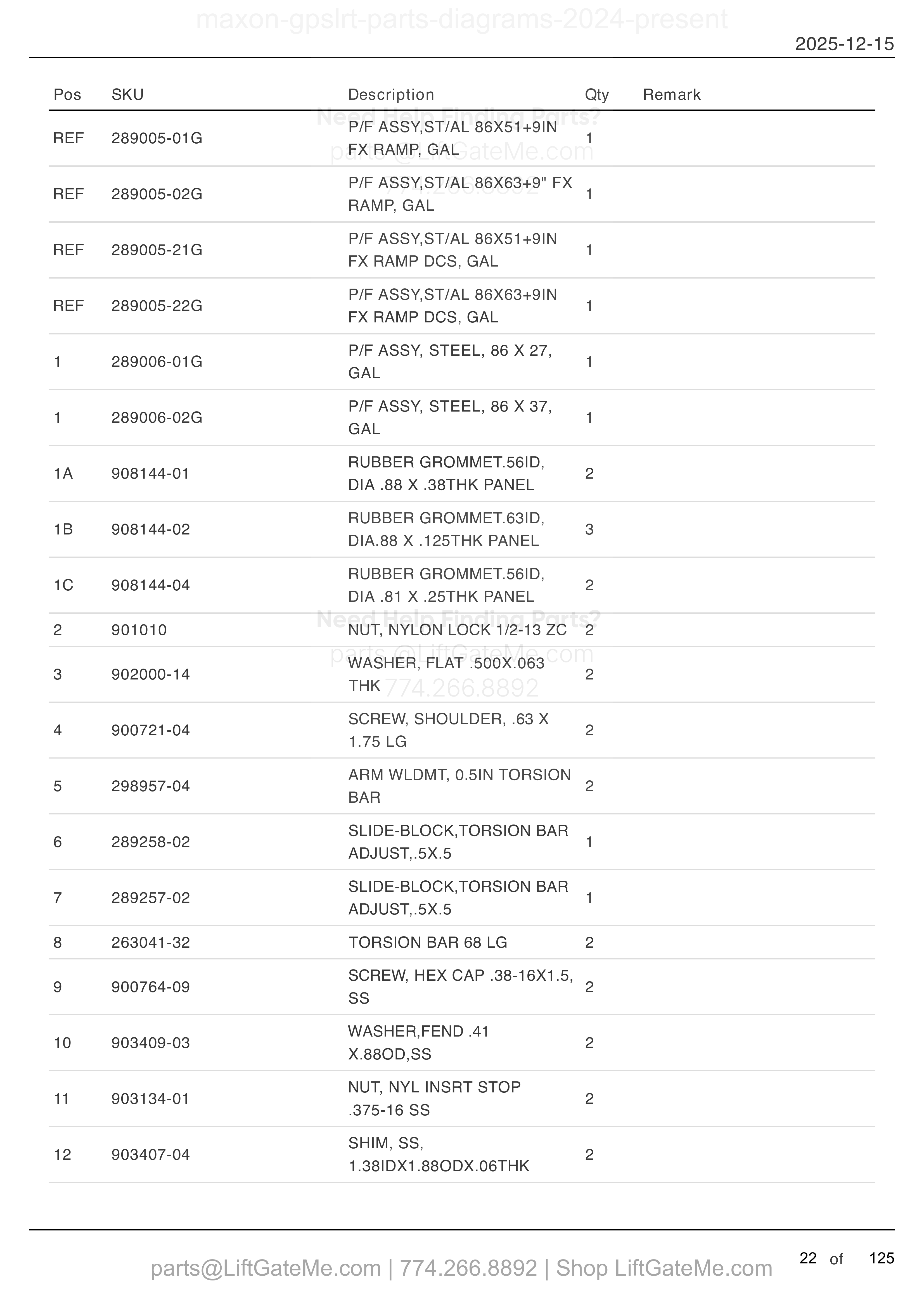 PLATFORM AND FLIPOVER ASSEMBLY WITH FIXED RAMP — MAR 2024 to SEPT 2025 parts table