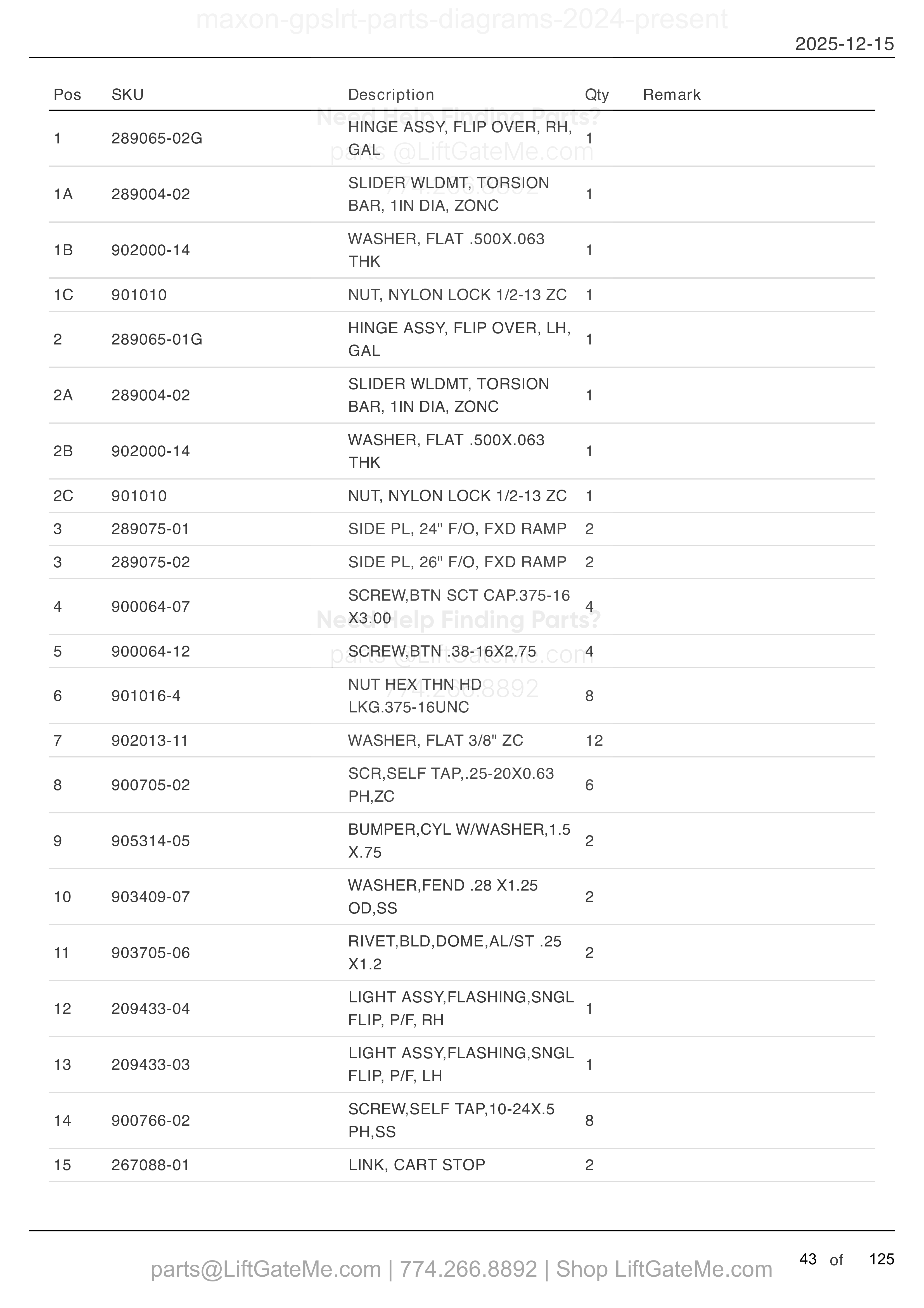 FLIPOVER ASSEMBLY WITH FIXED RAMP AND DUAL CART STOPS — MAR 2024 to SEPT 2025 parts table