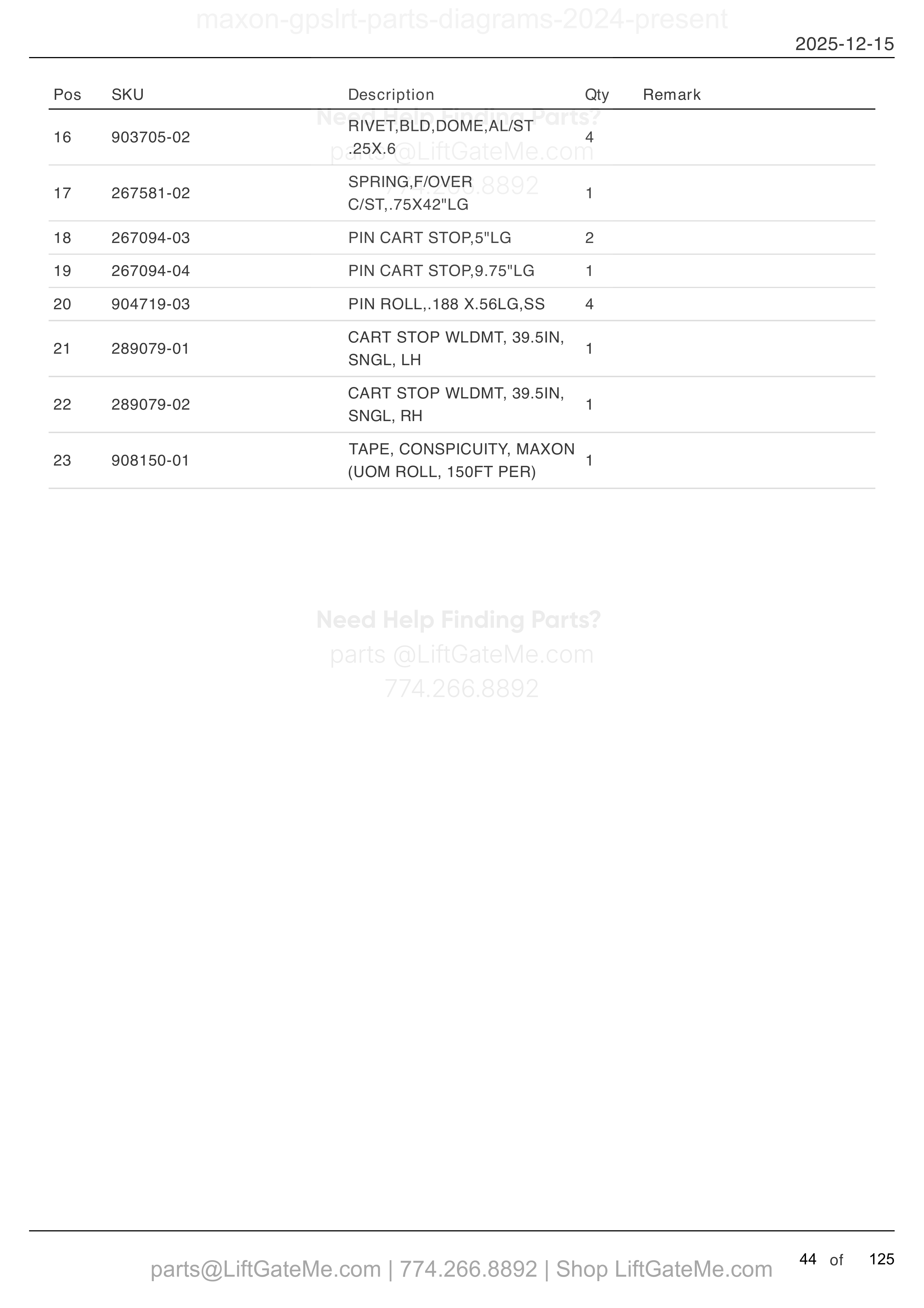 FLIPOVER ASSEMBLY WITH FIXED RAMP AND DUAL CART STOPS — MAR 2024 to SEPT 2025 parts table