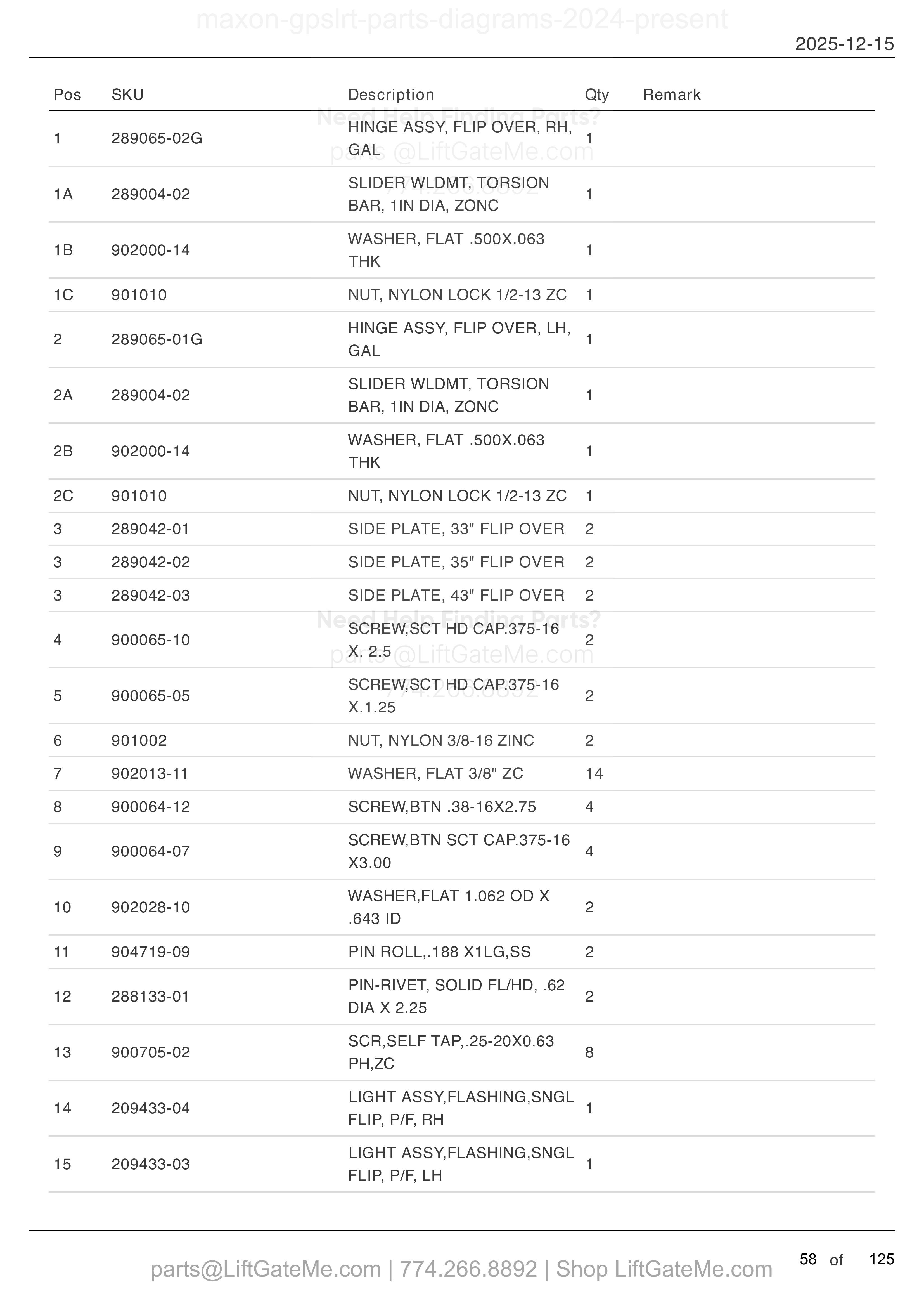 FLIPOVER ASSEMBLY WITH DUAL RETENTION RAMPS — MAR 2024 to SEPT 2025 parts table