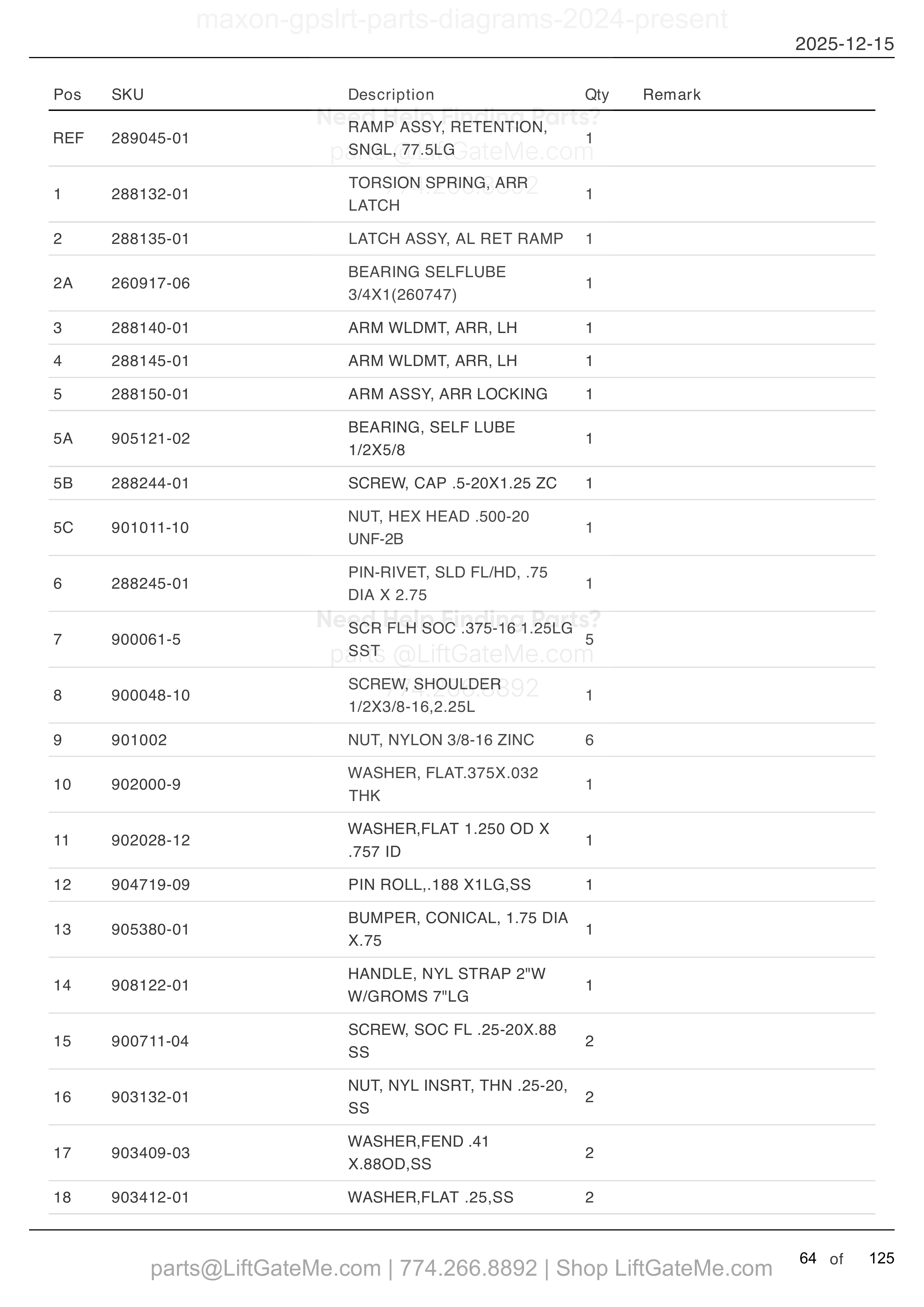 Single Retention Ramp — Mar 2024 to present parts table