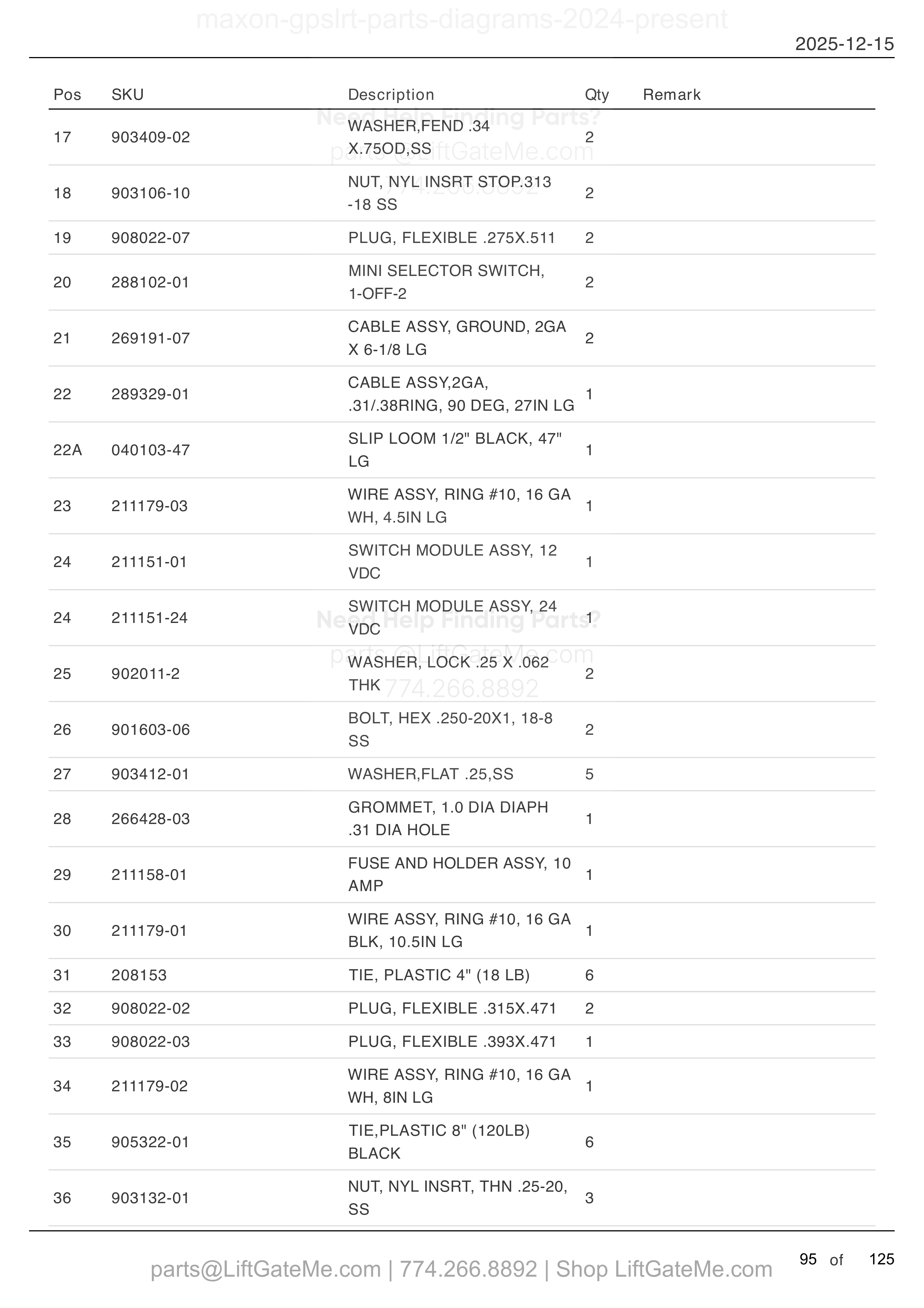 Dual Pump Assembly — Sept 2025 to present (continued) parts table