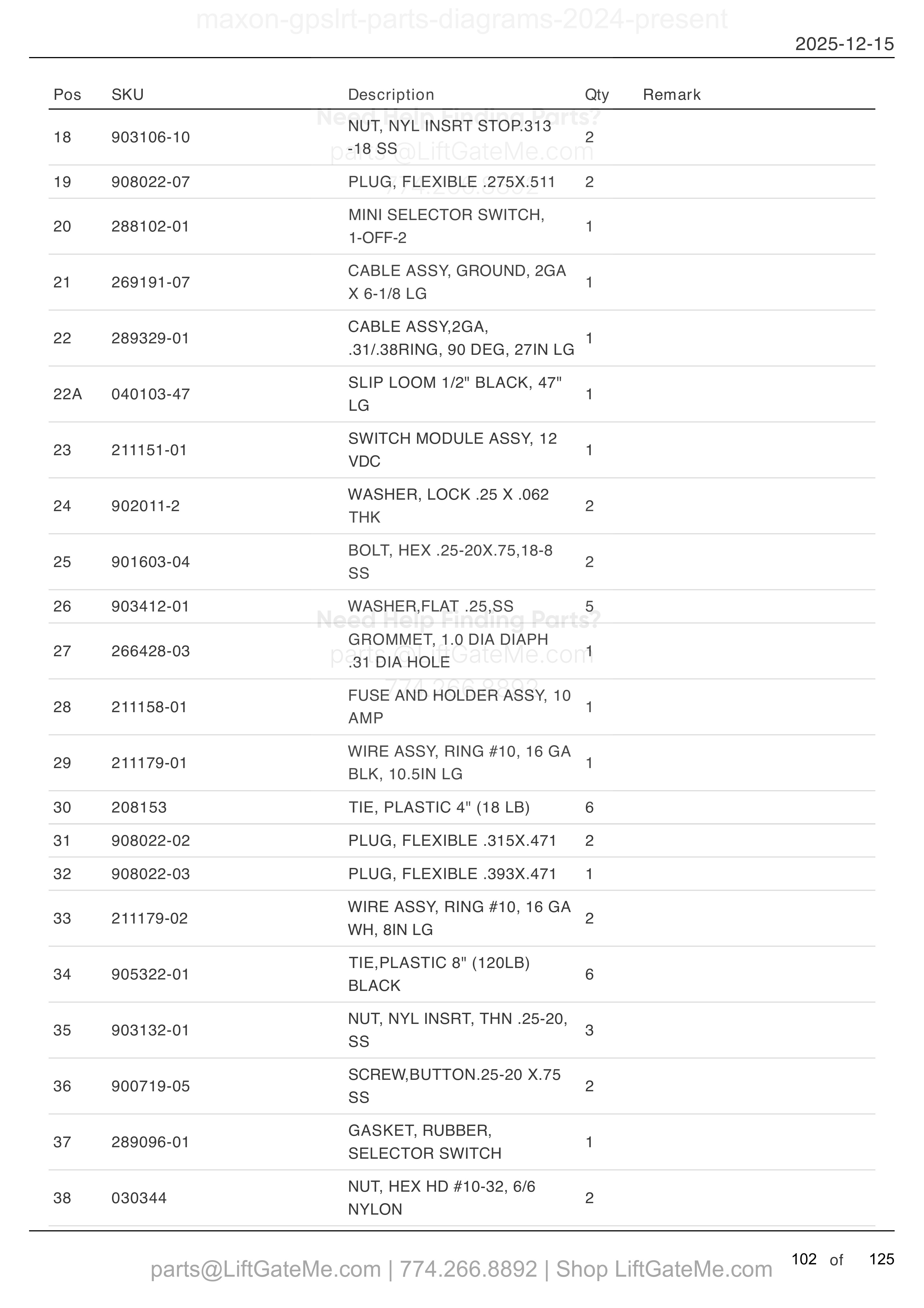 Dual Pump Assembly ECU — Sept 2025 to present (continued) parts table