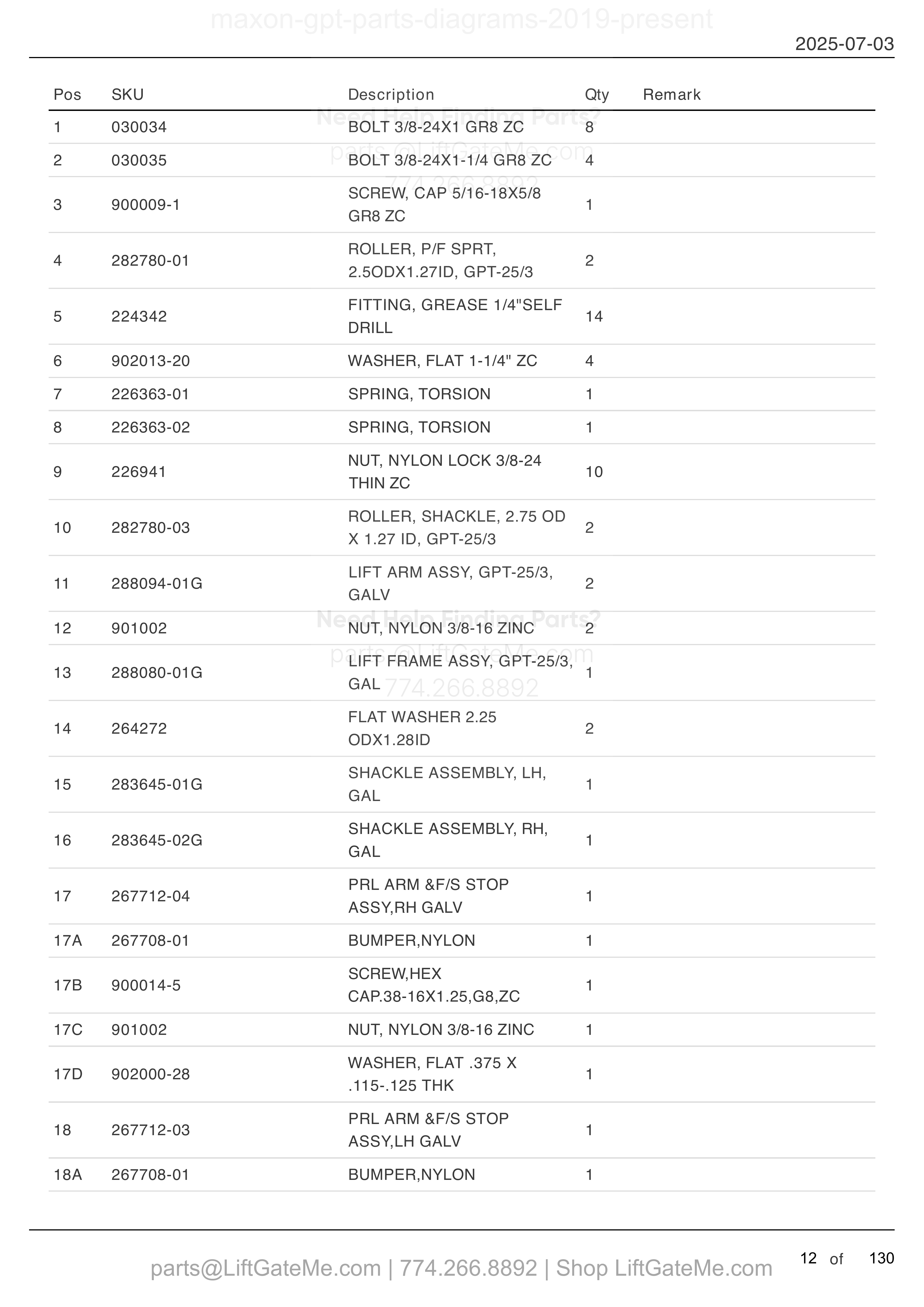MAIN ASSEMBLY: GPT-25, GPT-3, GPTWR-25 AND GPTWR-3 parts table