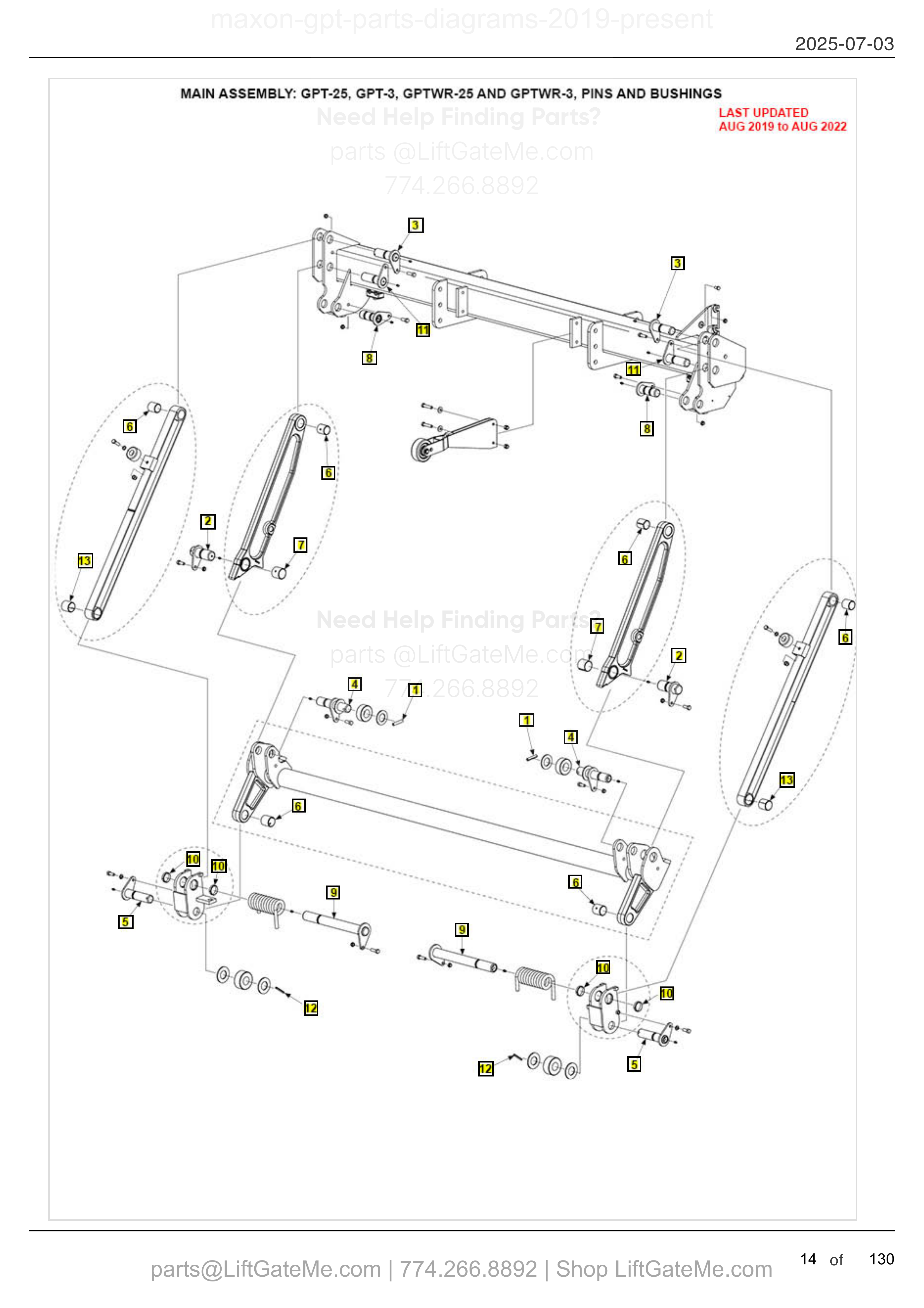 MAIN ASSEMBLY: GPT-25, GPT-3, GPTWR-25 AND GPTWR-3, PINS AND BUSHINGS diagram