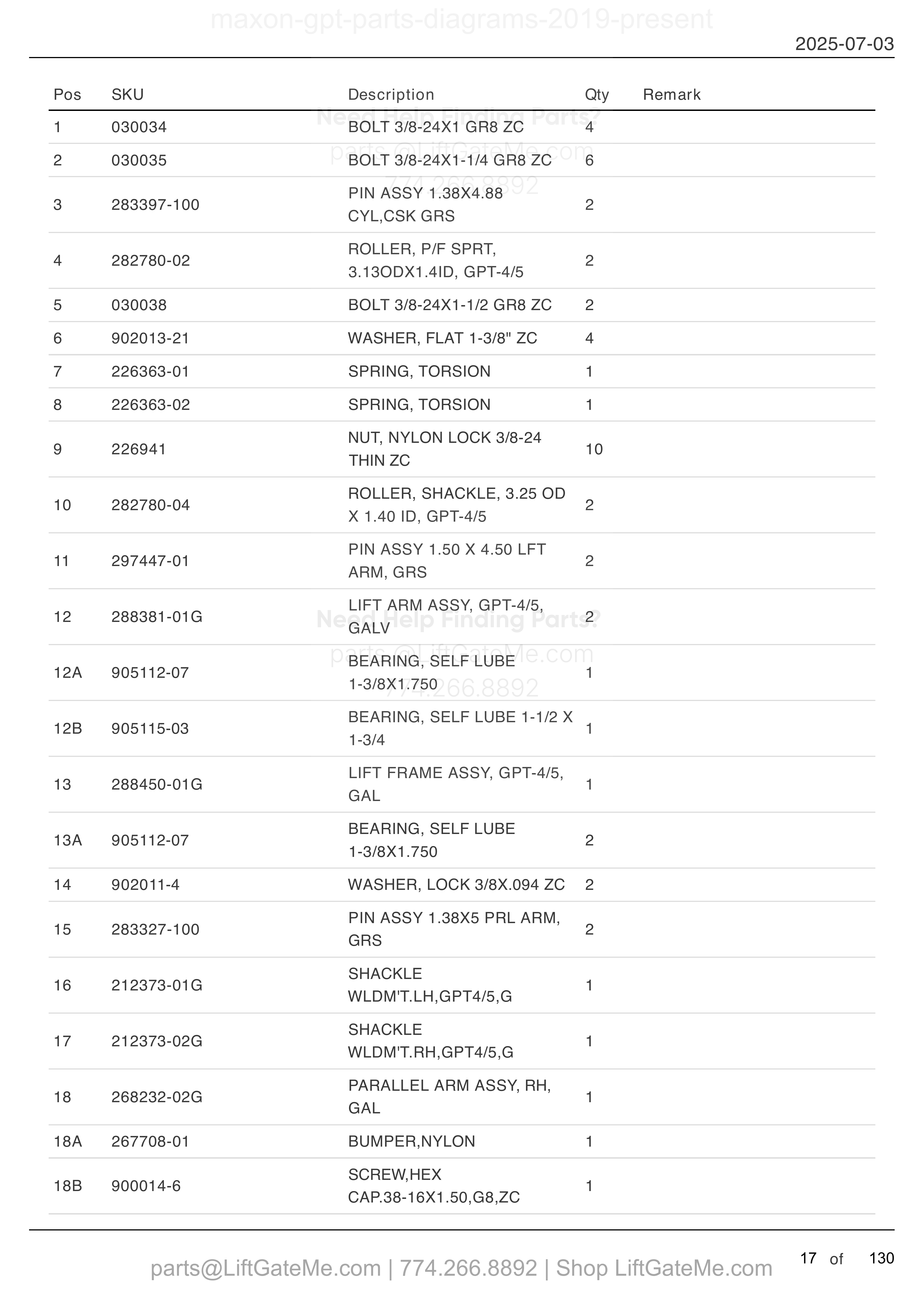 MAIN ASSEMBLY: GPT-4, GPT-5, GPTWR-4 AND GPTWR-5 parts table