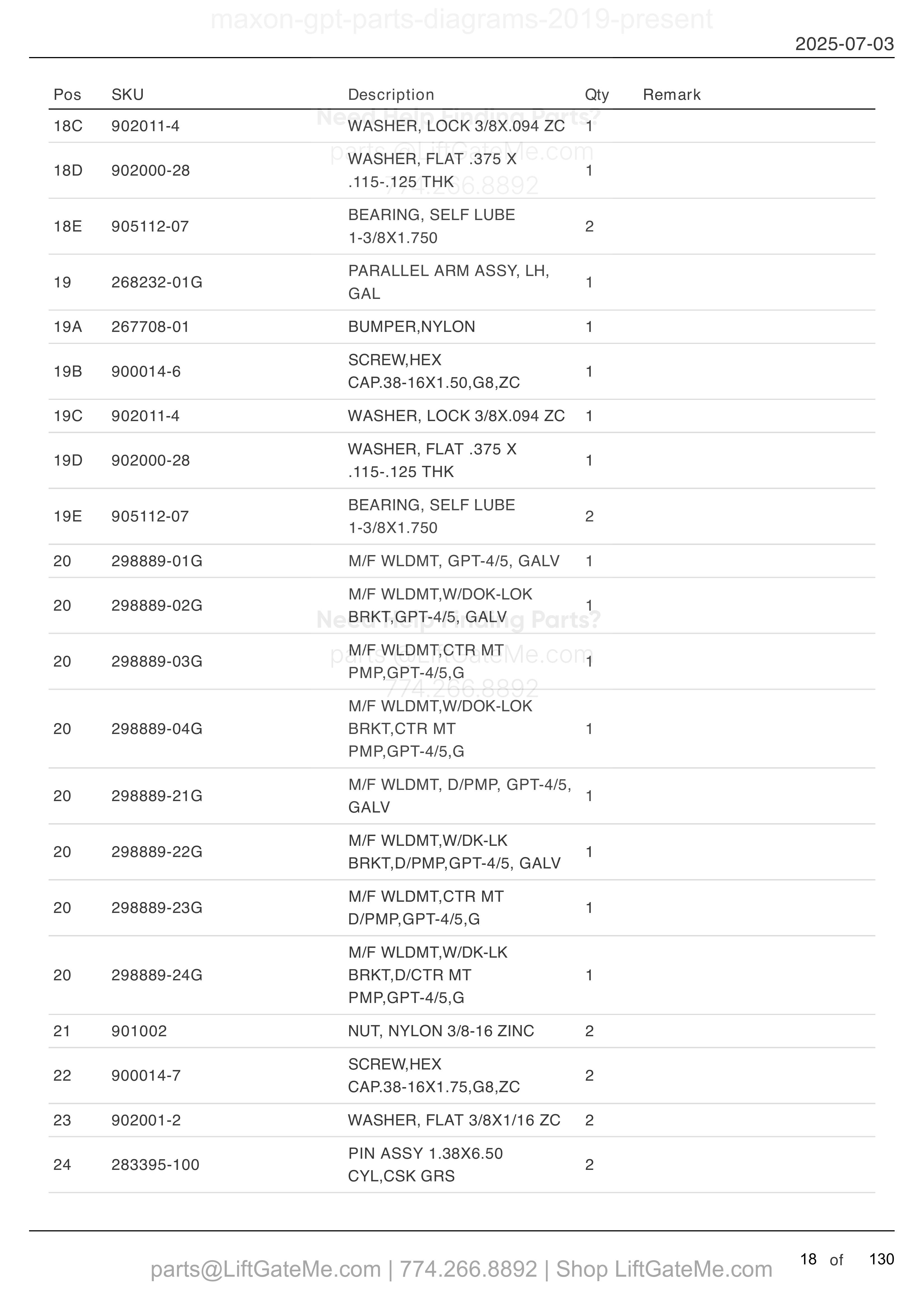 MAIN ASSEMBLY: GPT-4, GPT-5, GPTWR-4 AND GPTWR-5 (continued) parts table