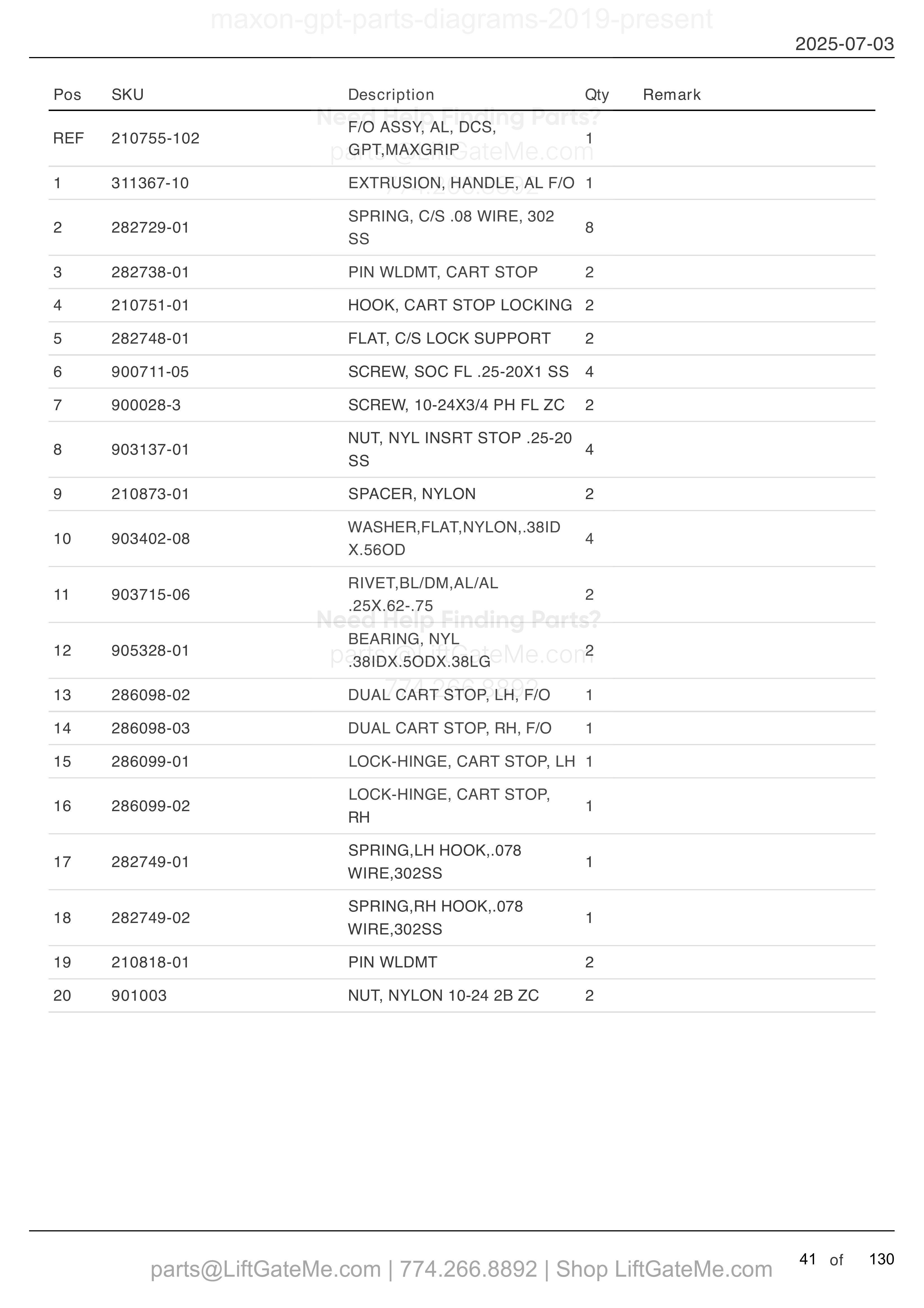 FLIPOVER WITH DUAL CART STOPS parts table