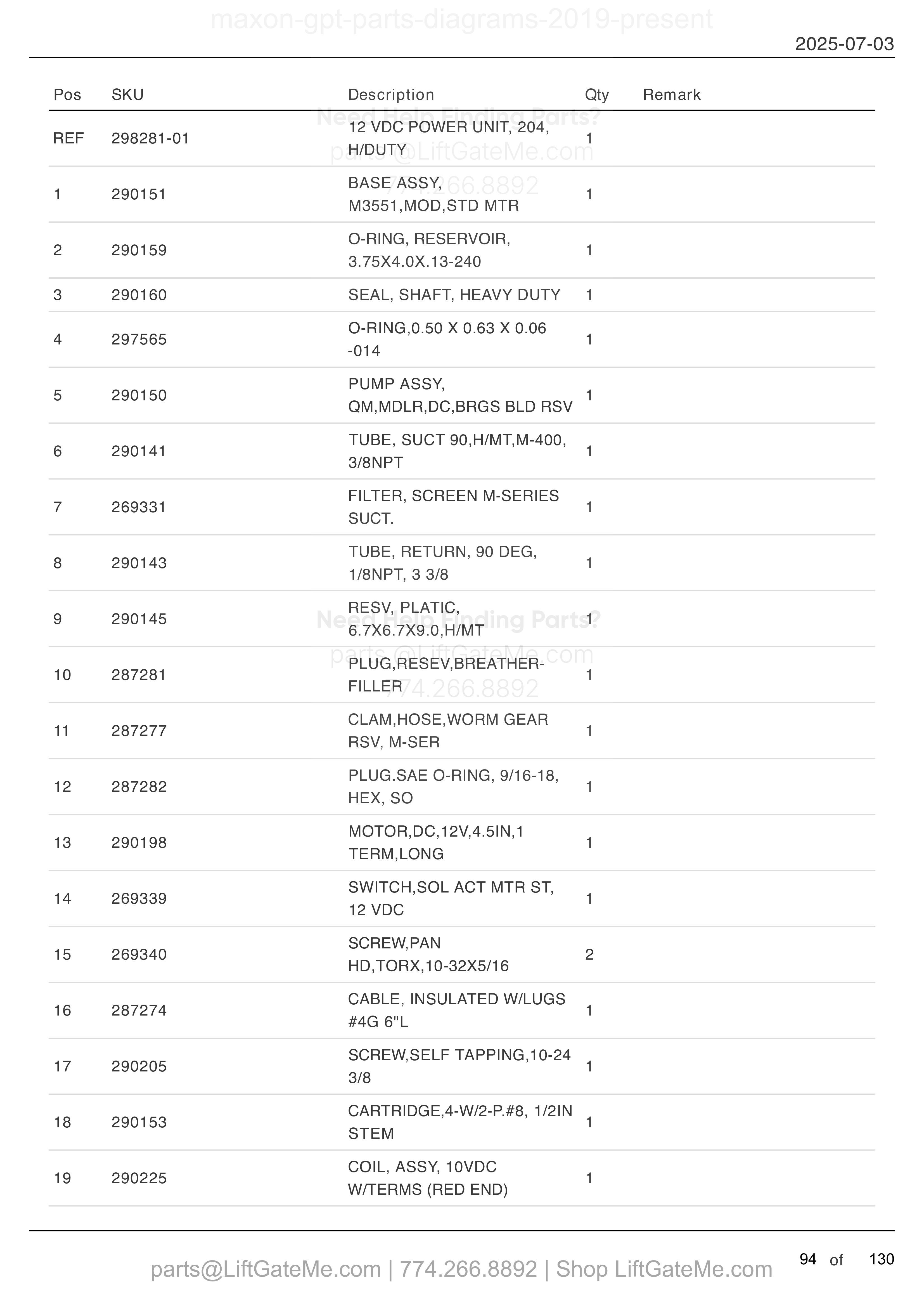 12 VDC POWER UNIT (FOR SINGLE PUMP) parts table