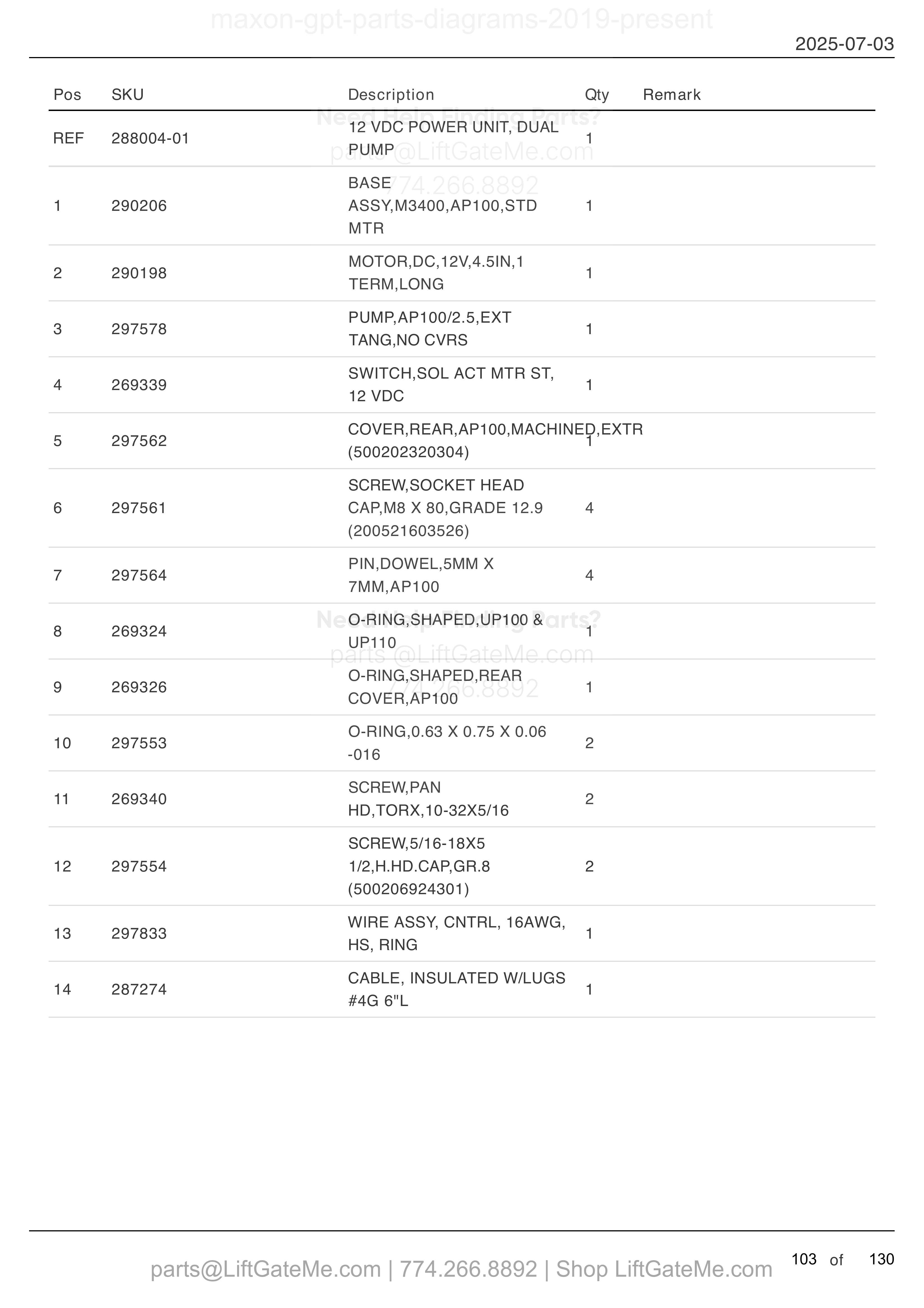 12 VDC POWER UNIT (DUAL PUMP) parts table