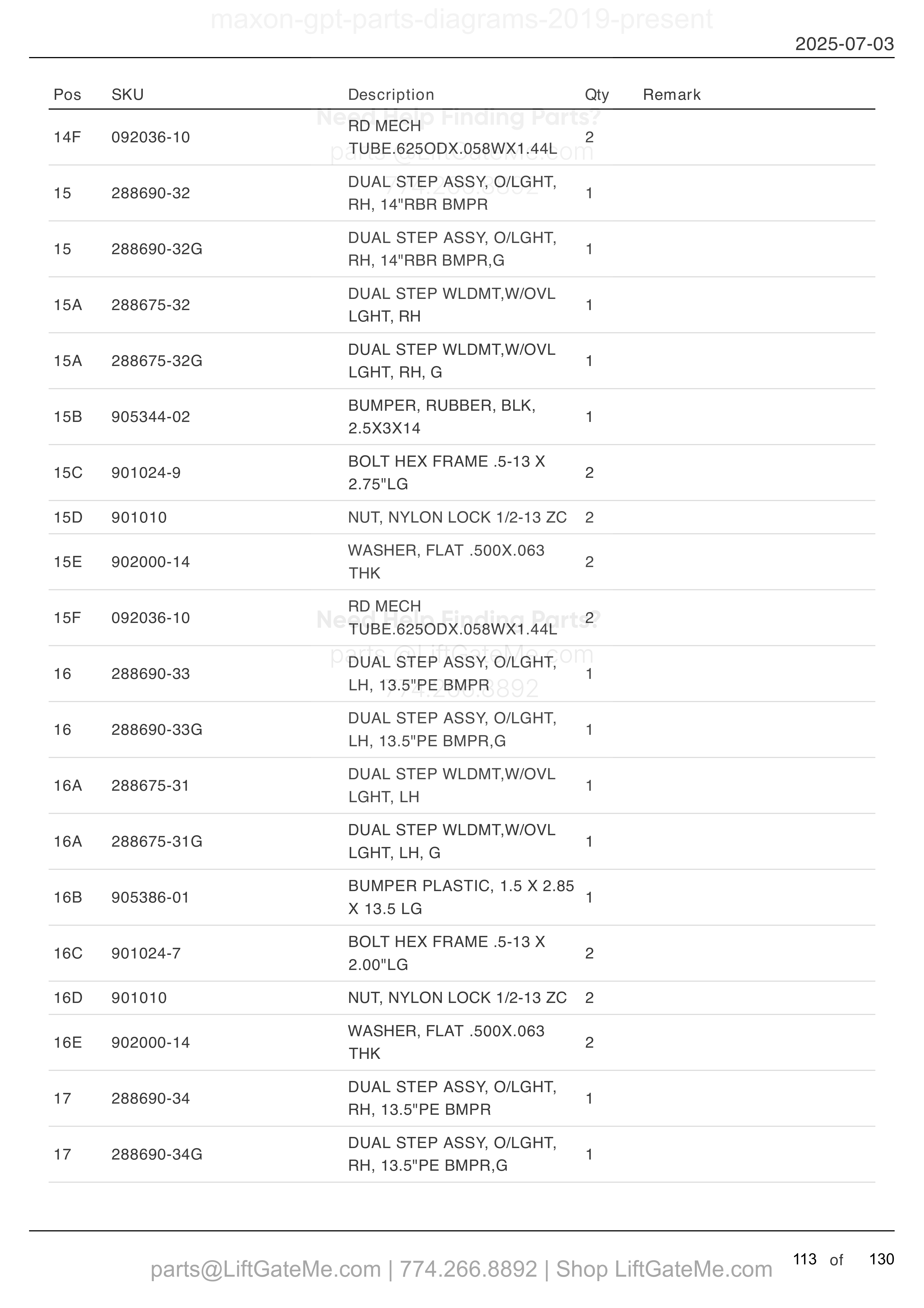 DUAL STEPS KITS (continued) parts table