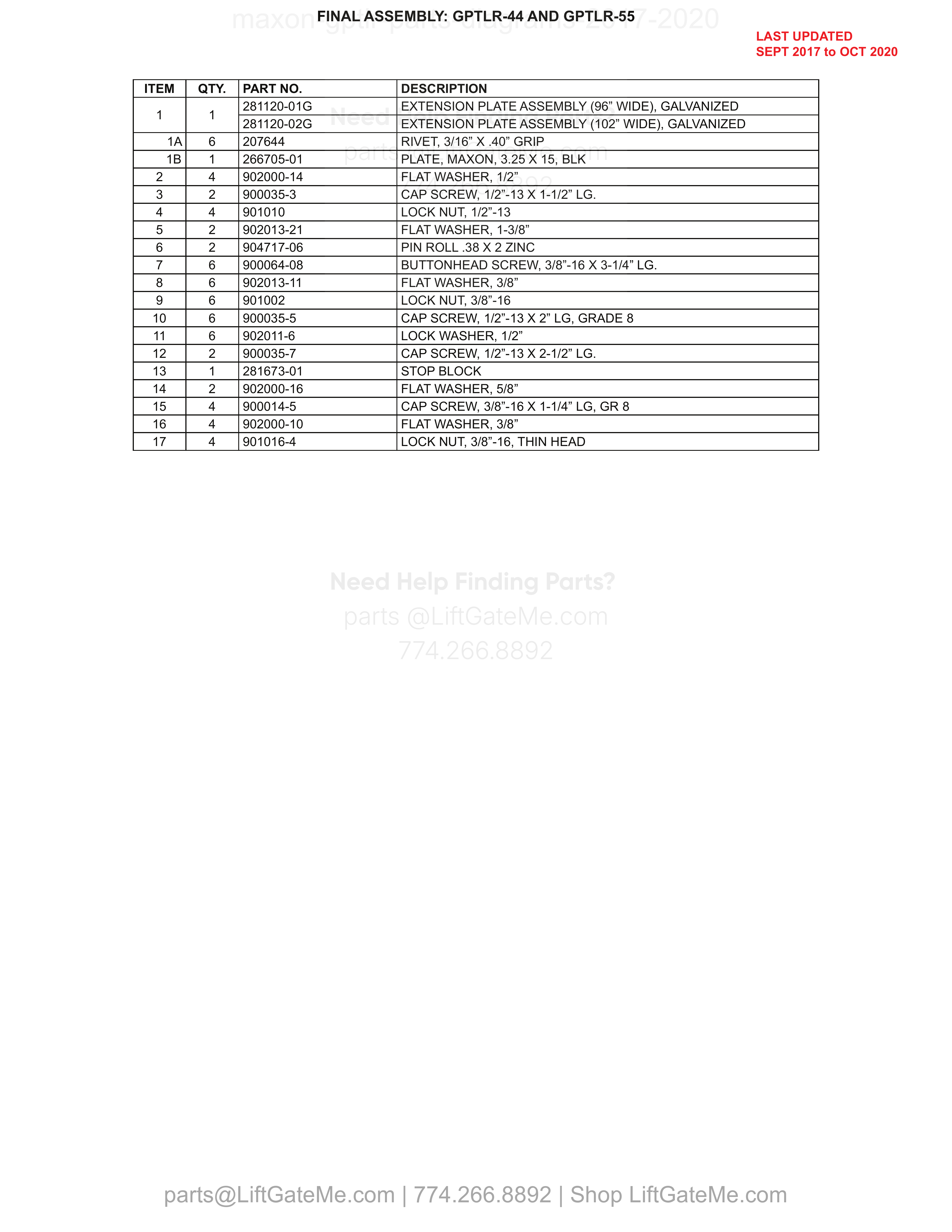 FINAL ASSEMBLY: GPTLR-44 AND GPTLR-55 parts table