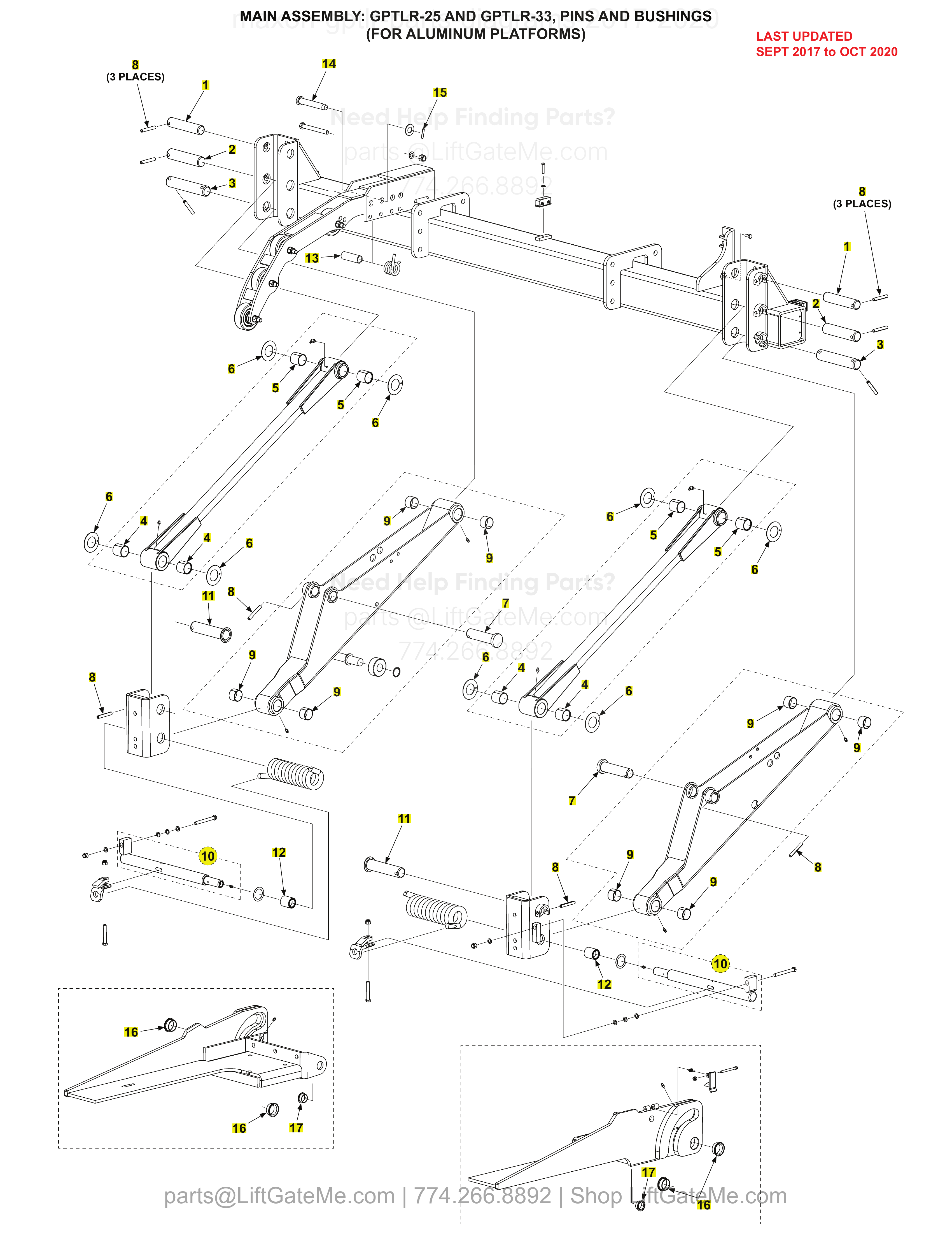 MAIN ASSEMBLY: GPTLR-25 AND GPTLR-33, PINS AND BUSHINGS (FOR ALUMINUM PLATFORMS) diagram