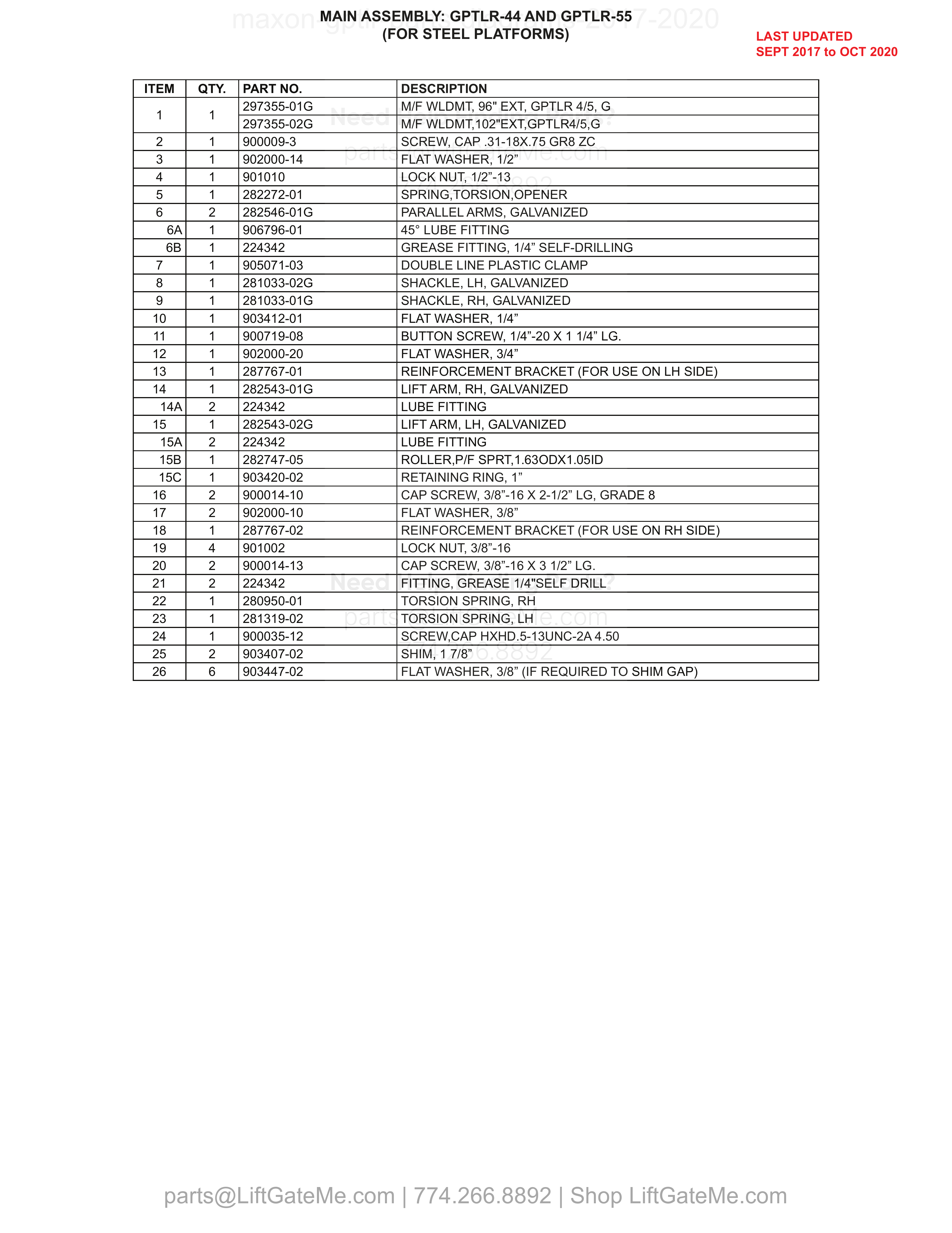 MAIN ASSEMBLY: GPTLR-44 AND GPTLR-55 (FOR STEEL PLATFORMS) parts table