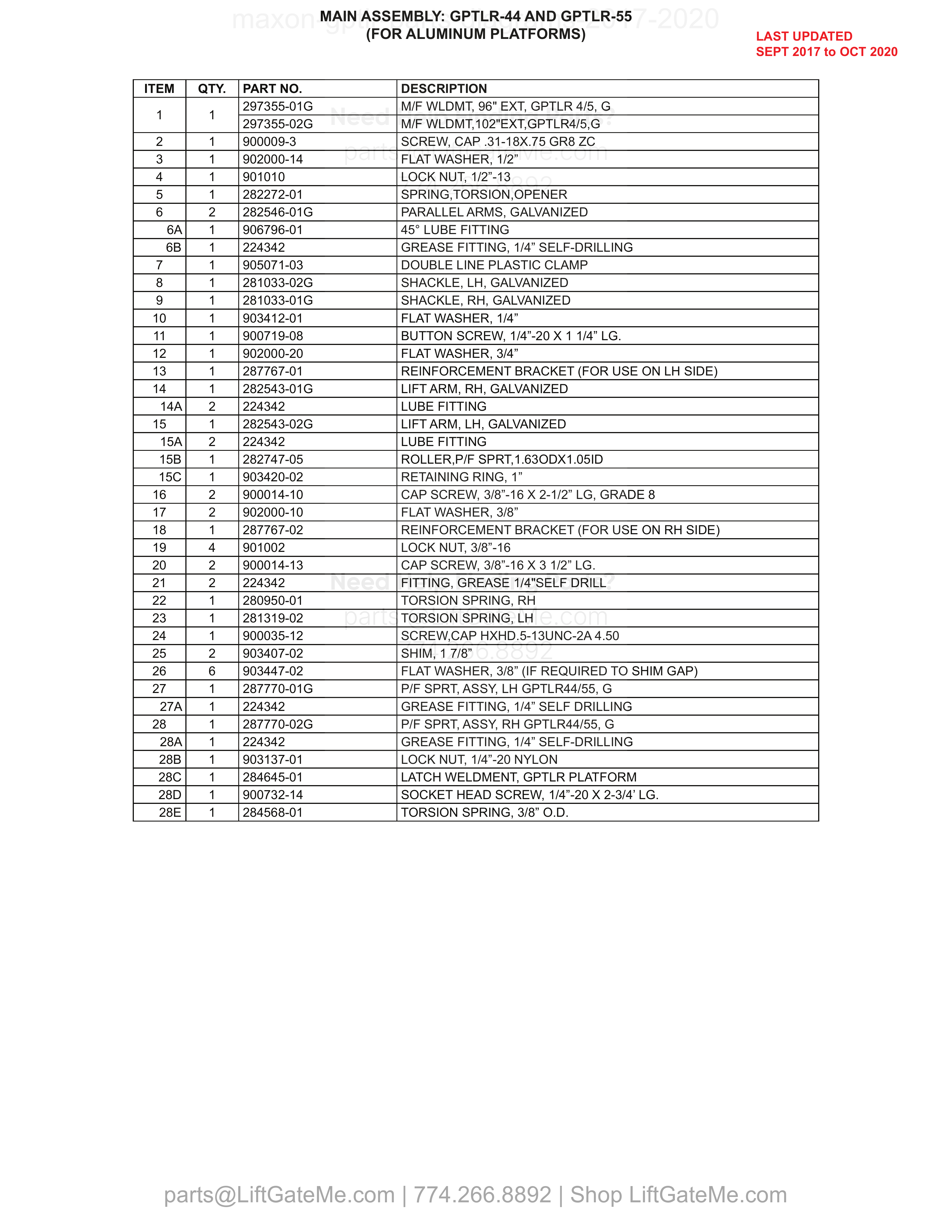 MAIN ASSEMBLY: GPTLR-44 AND GPTLR-55 (FOR ALUMINUM PLATFORMS) parts table