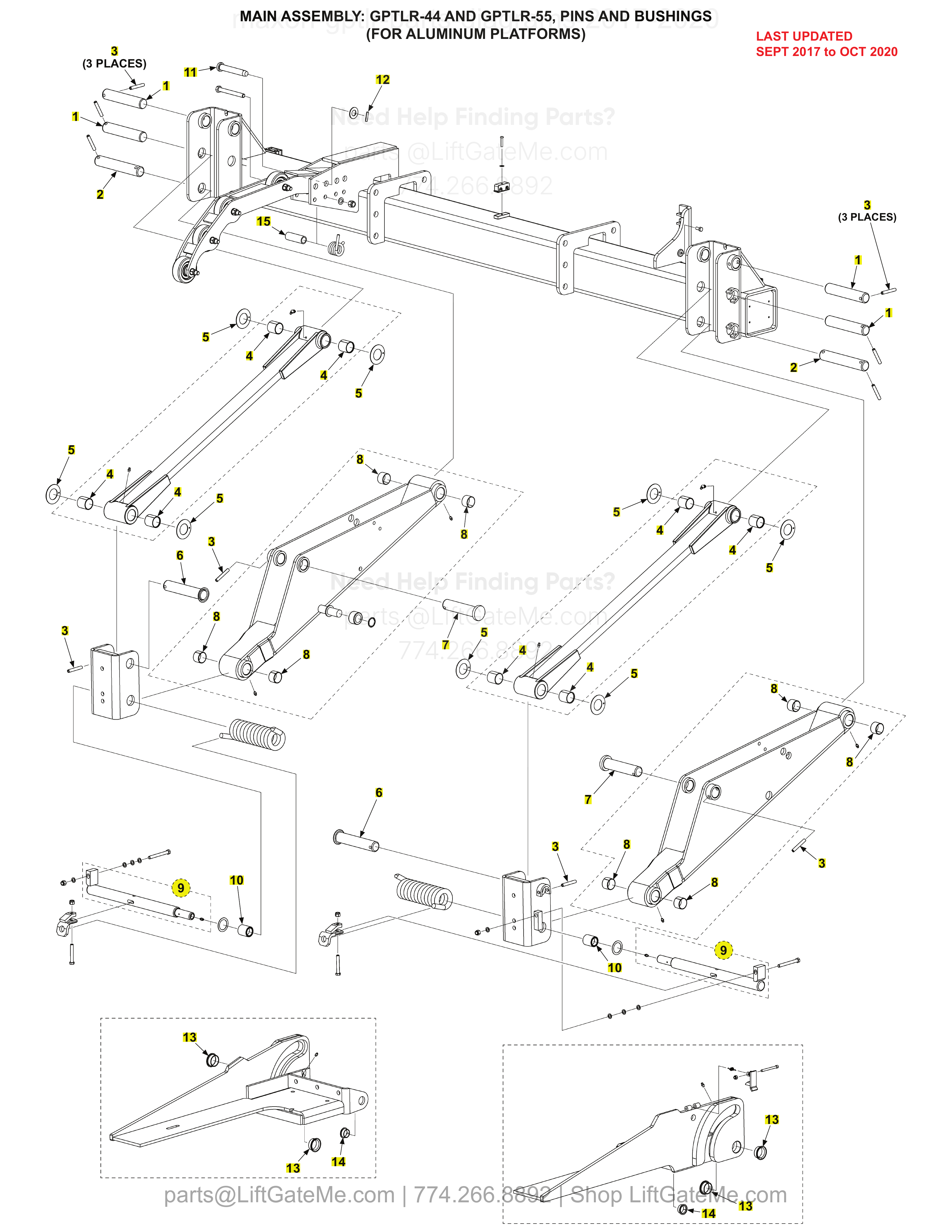 MAIN ASSEMBLY: GPTLR-44 AND GPTLR-55, PINS AND BUSHINGS (FOR ALUMINUM PLATFORMS) diagram