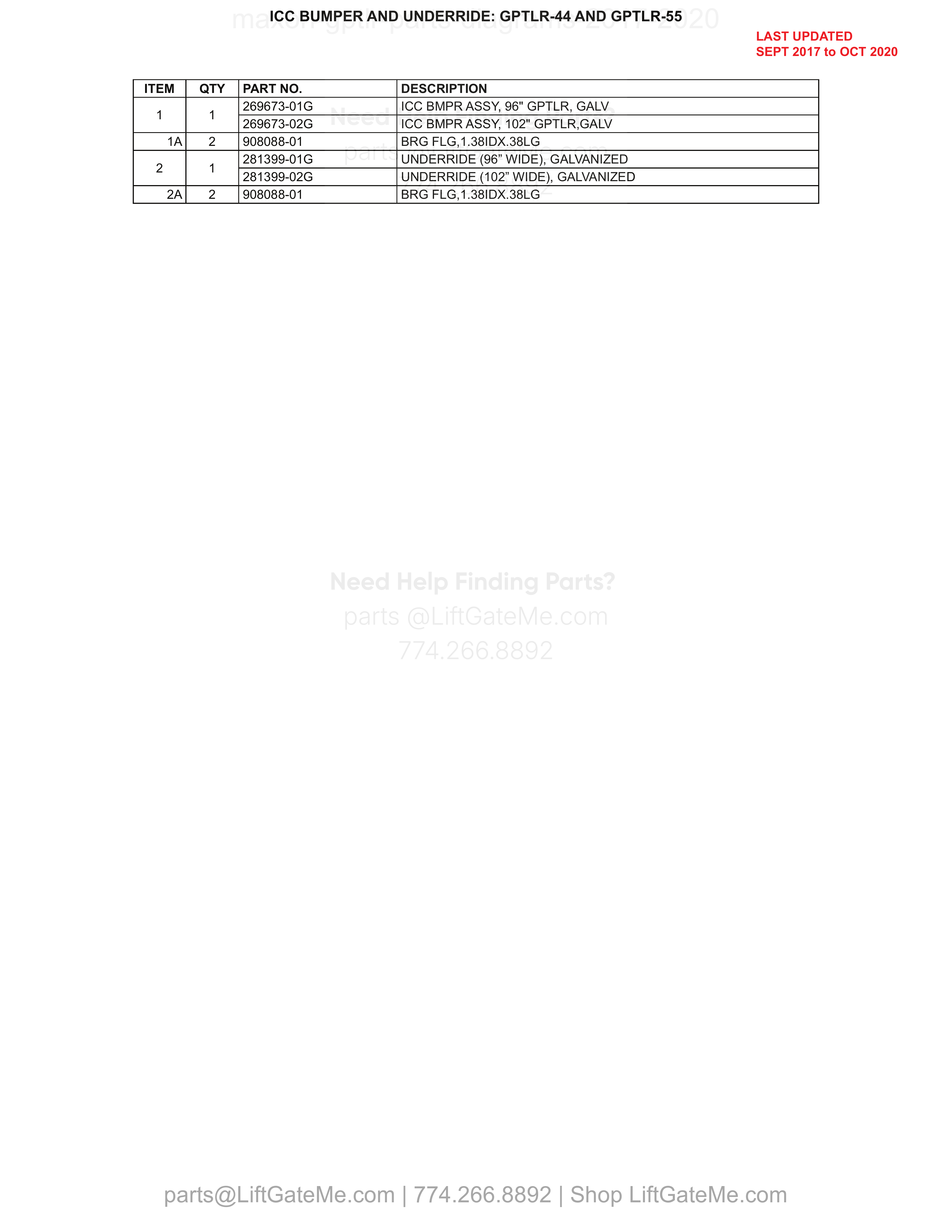 ICC BUMPER AND UNDERRIDE: GPTLR-44 AND GPTLR-55 parts table