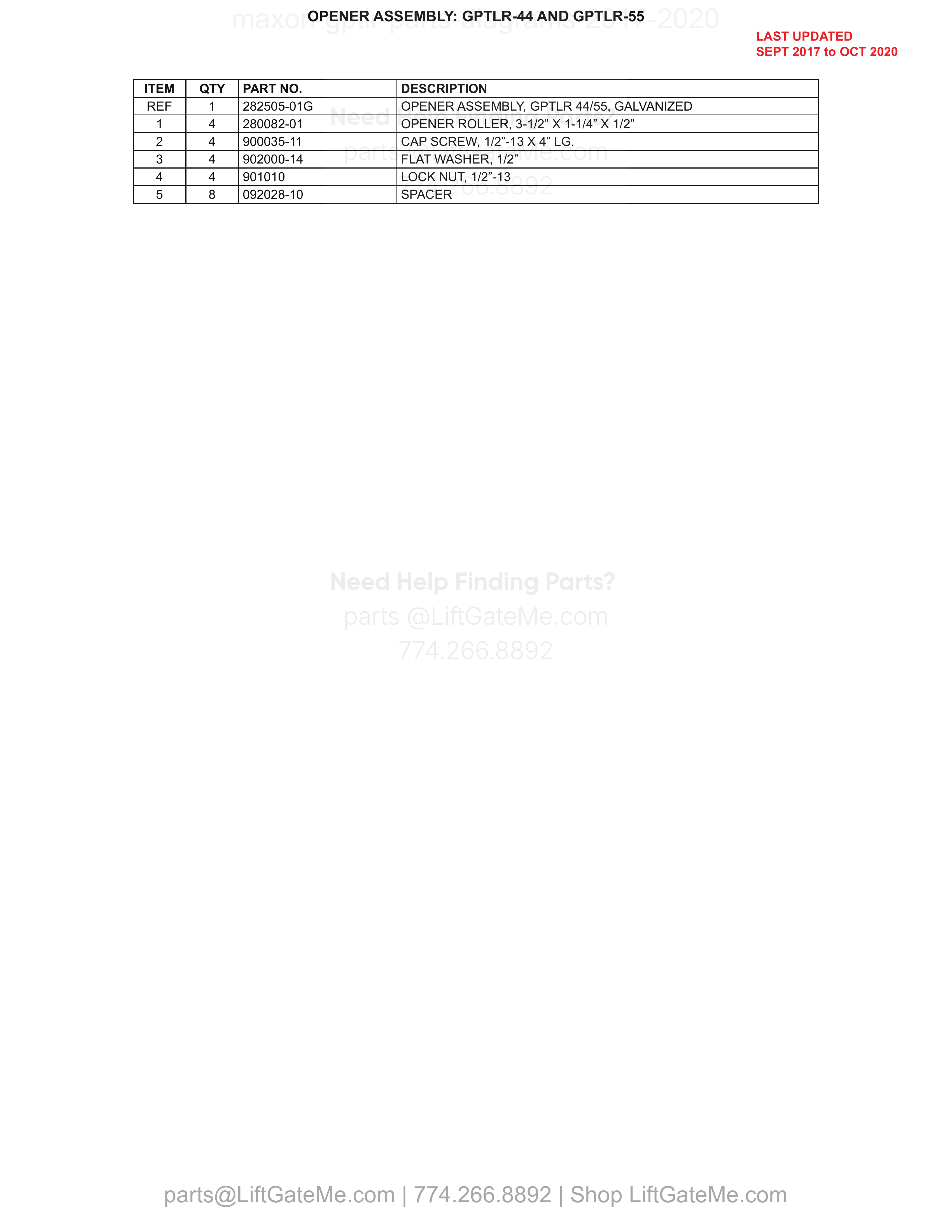 OPENER ASSEMBLY: GPTLR-44 AND GPTLR-55 parts table