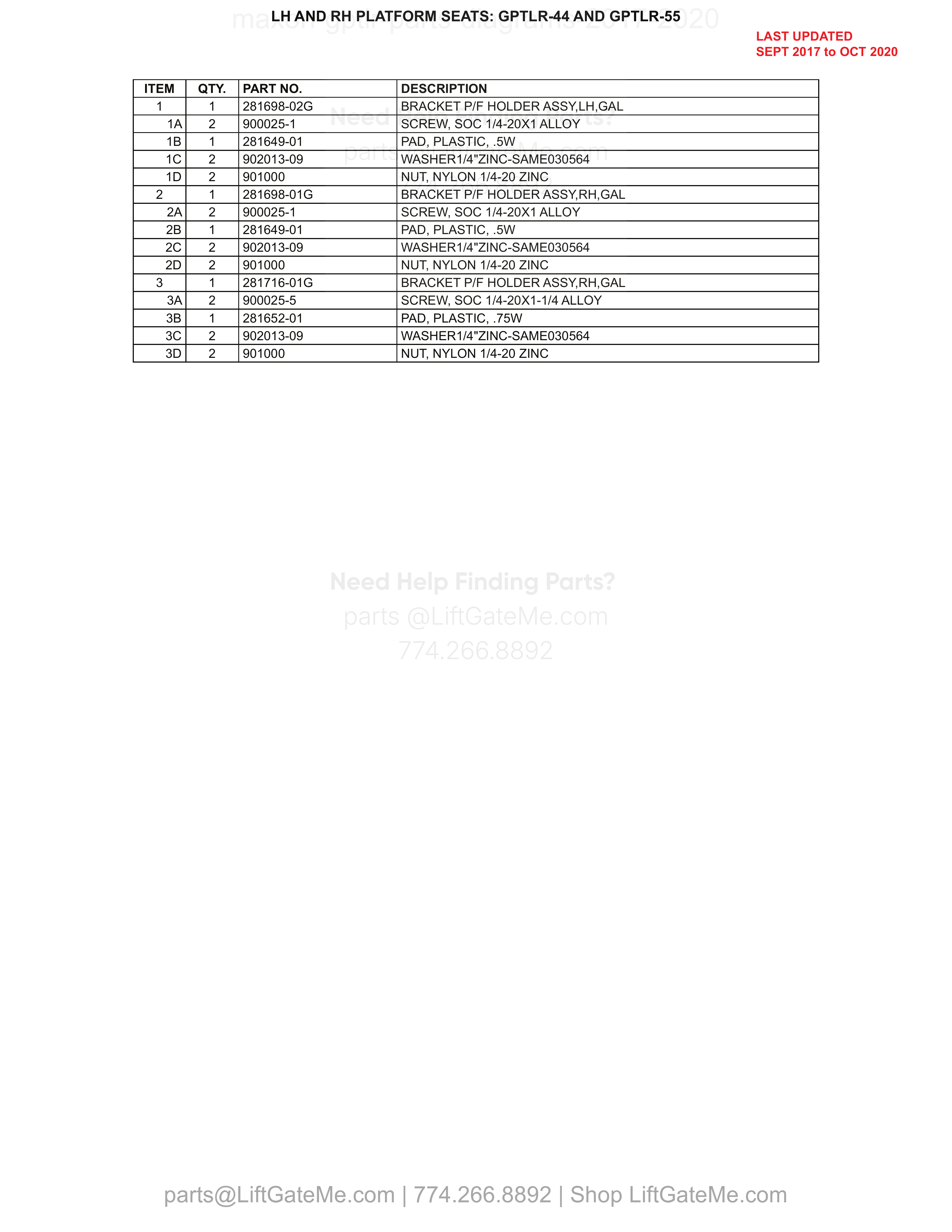 LH AND RH PLATFORM SEATS: GPTLR-44 AND GPTLR-55 parts table
