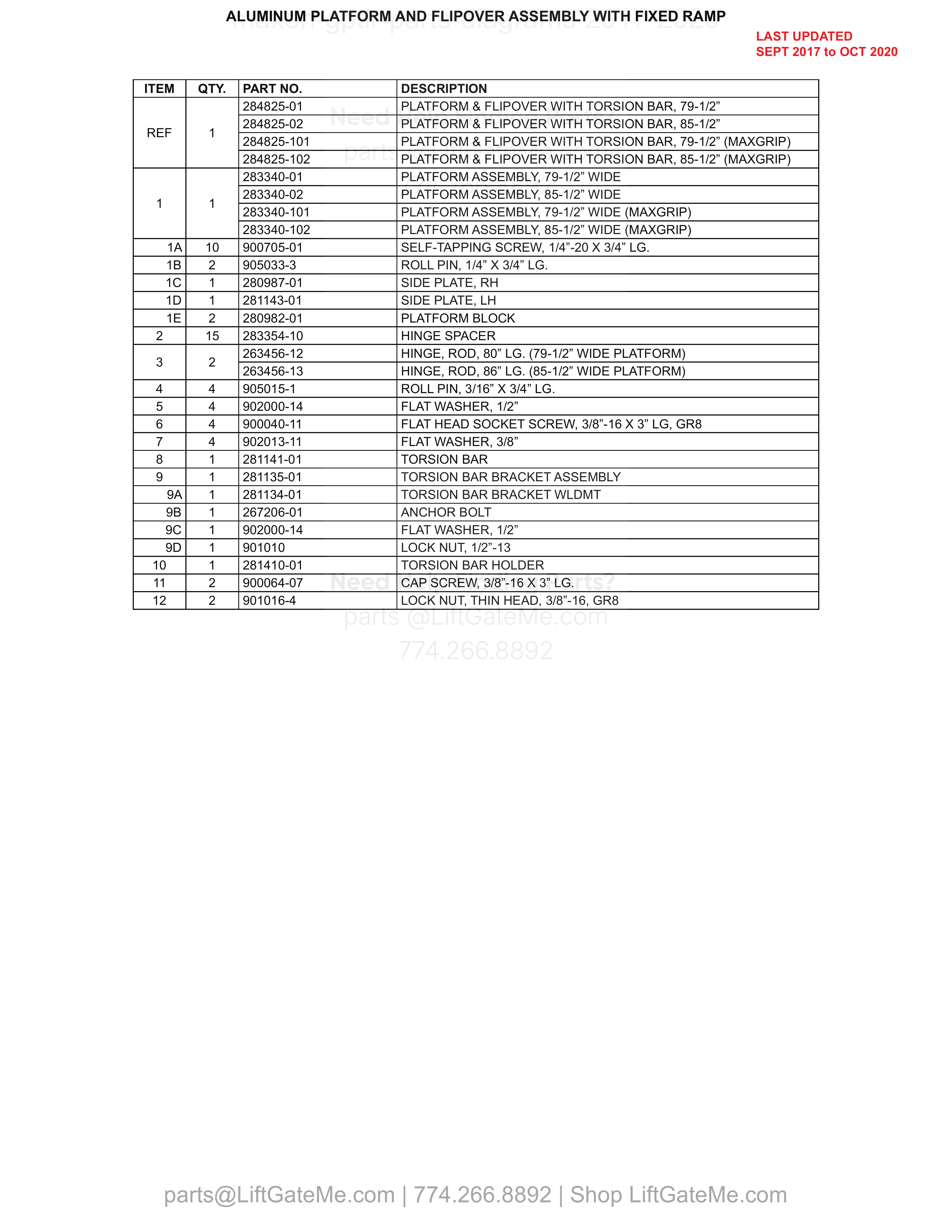 ALUMINUM PLATFORM AND FLIPOVER ASSEMBLY WITH FIXED RAMP parts table