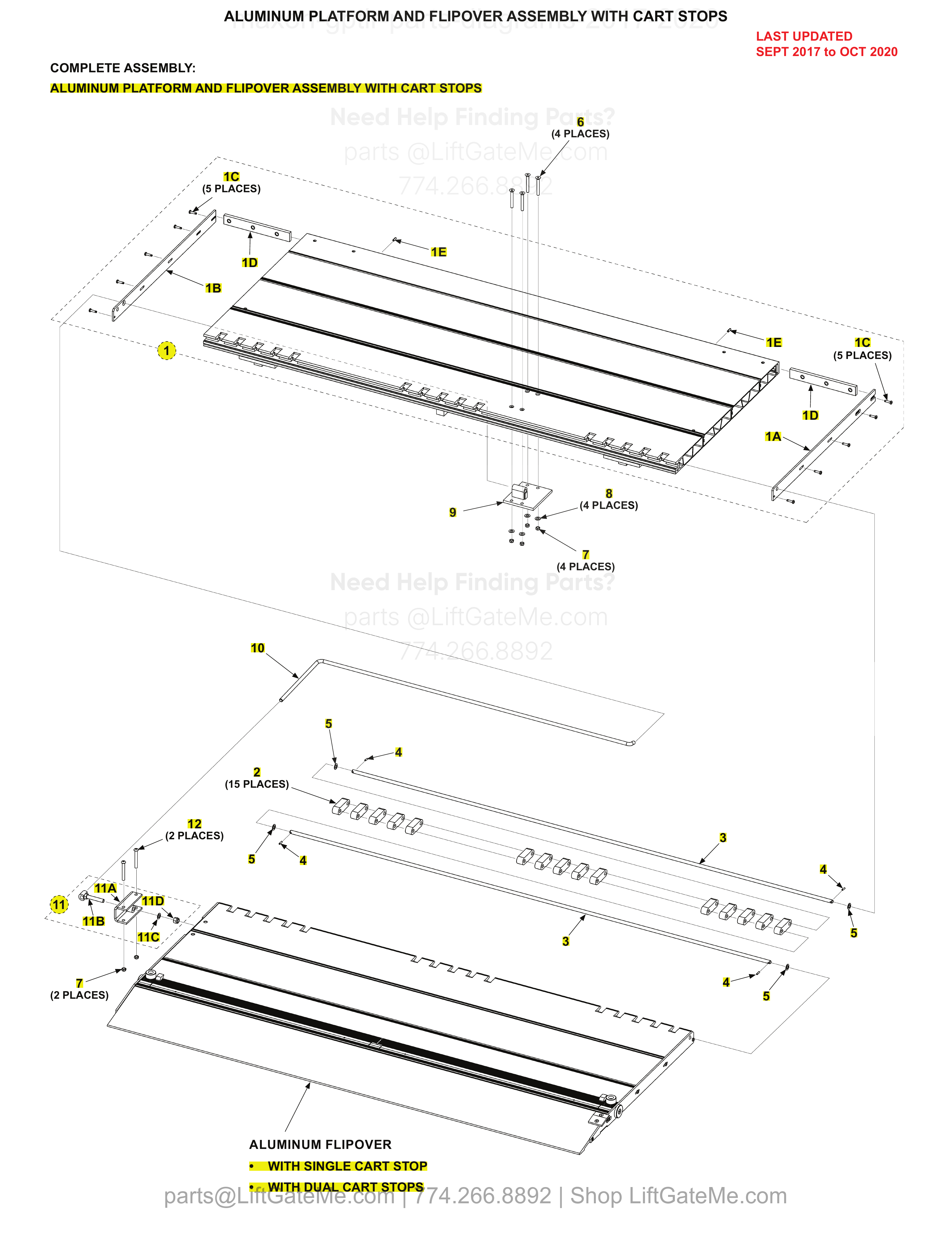 ALUMINUM PLATFORM AND FLIPOVER ASSEMBLY WITH CART STOPS diagram