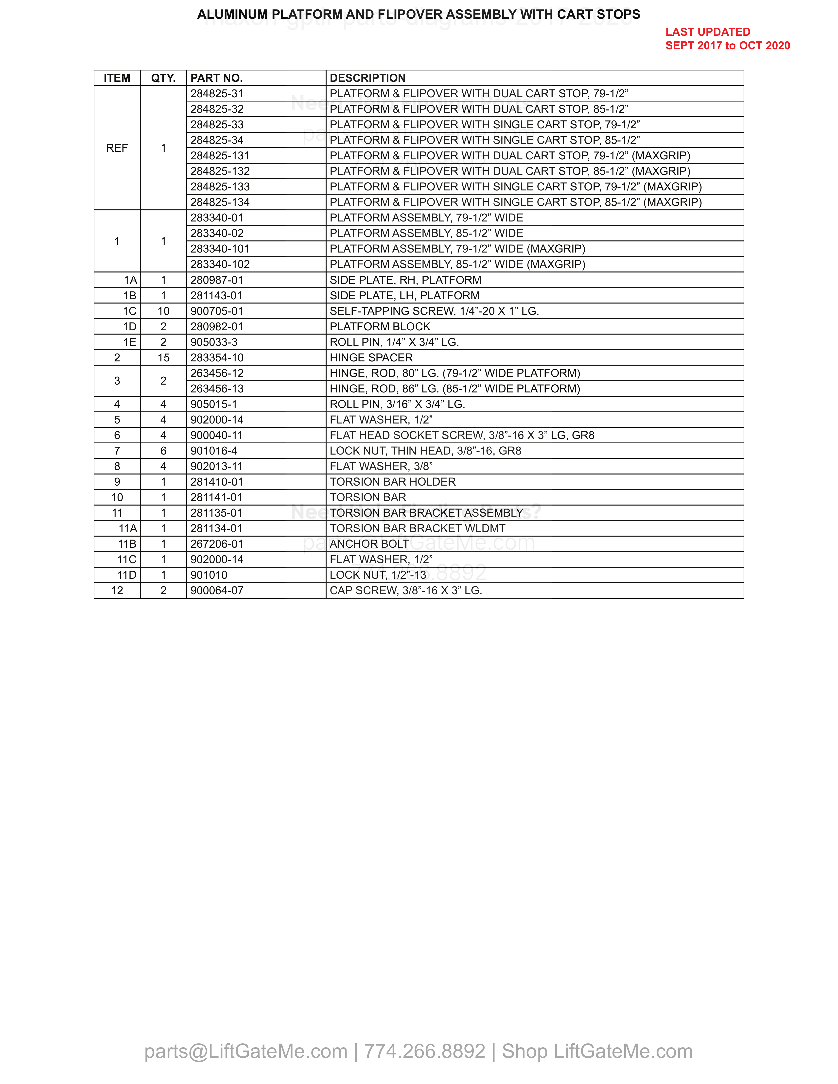 ALUMINUM PLATFORM AND FLIPOVER ASSEMBLY WITH CART STOPS parts table