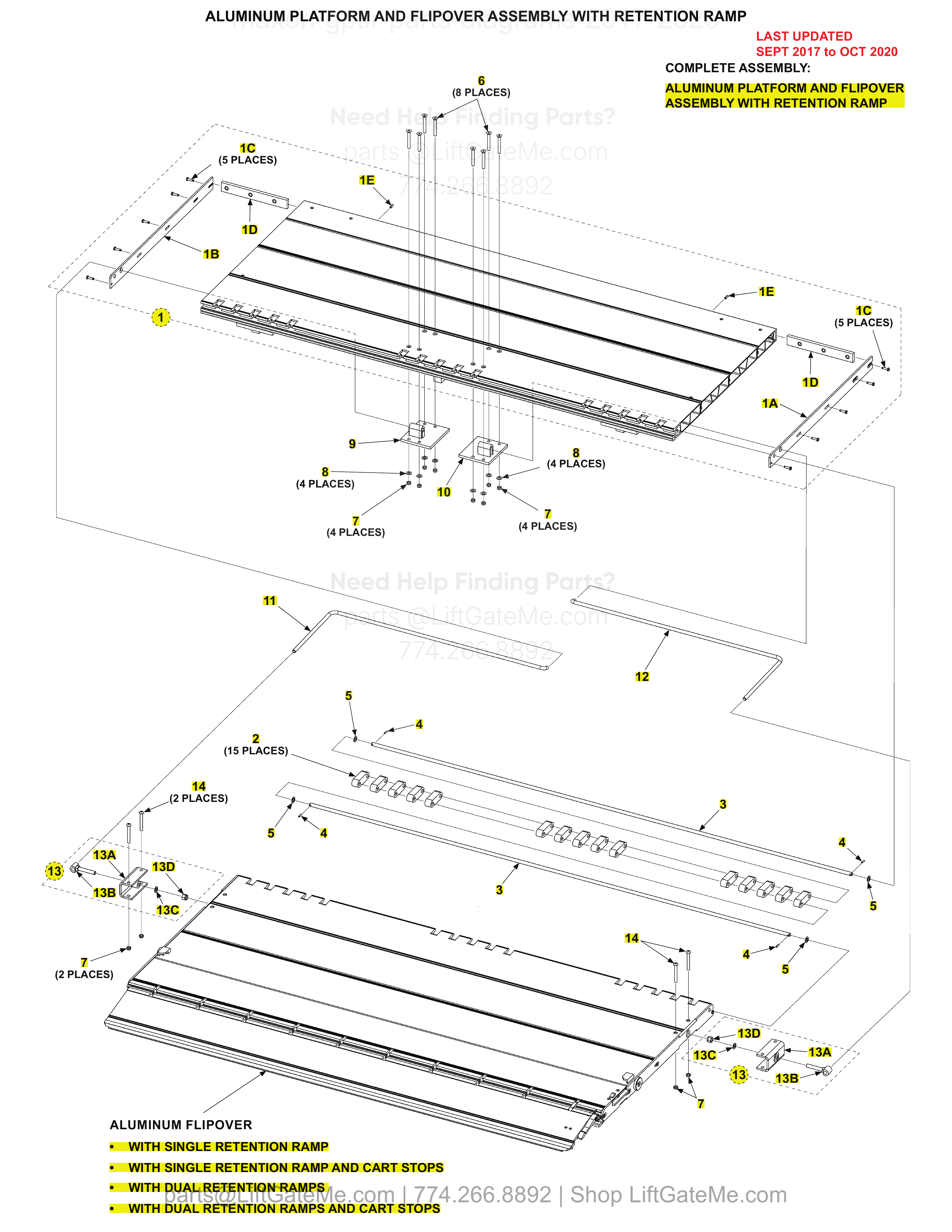 ALUMINUM PLATFORM AND FLIPOVER ASSEMBLY WITH RETENTION RAMP diagram