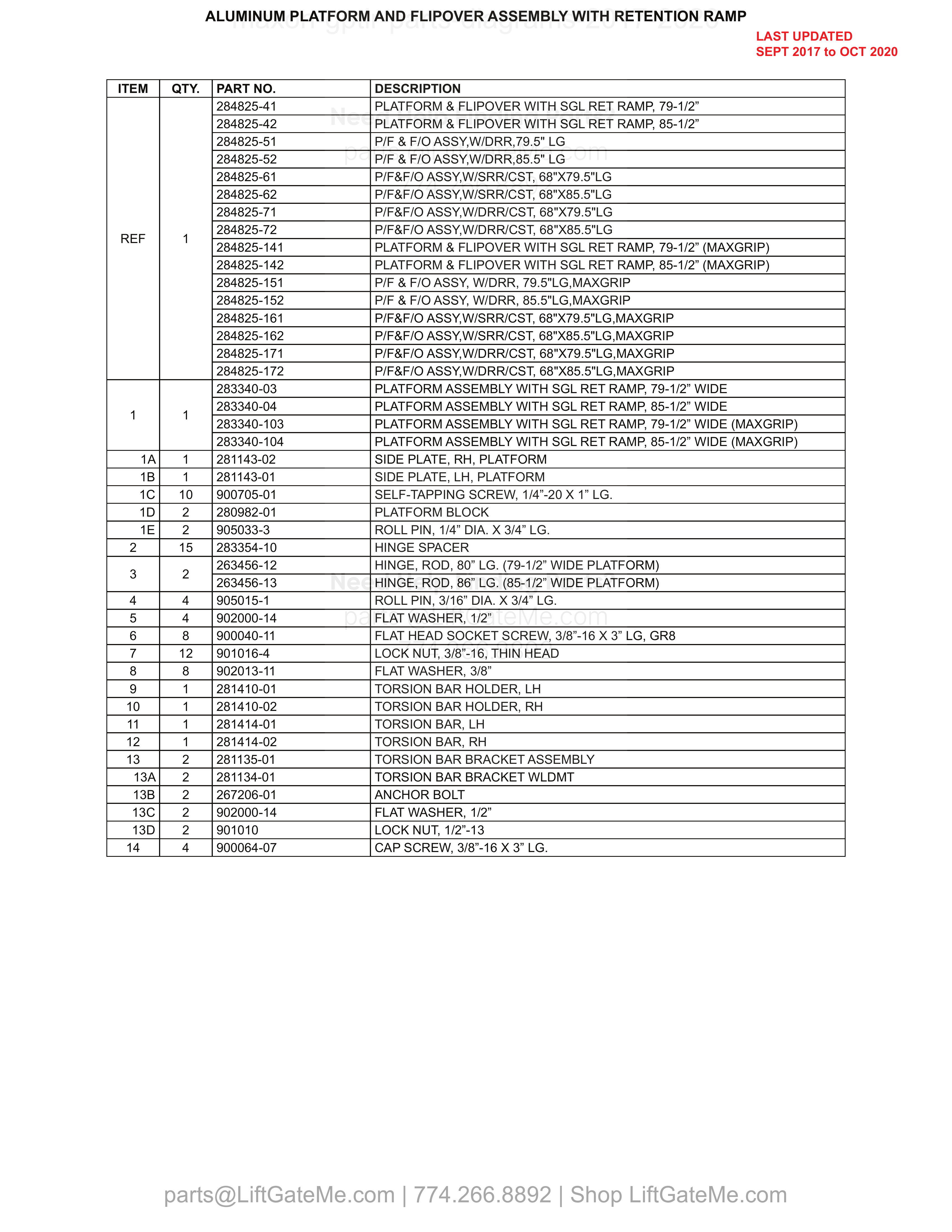ALUMINUM PLATFORM AND FLIPOVER ASSEMBLY WITH RETENTION RAMP parts table