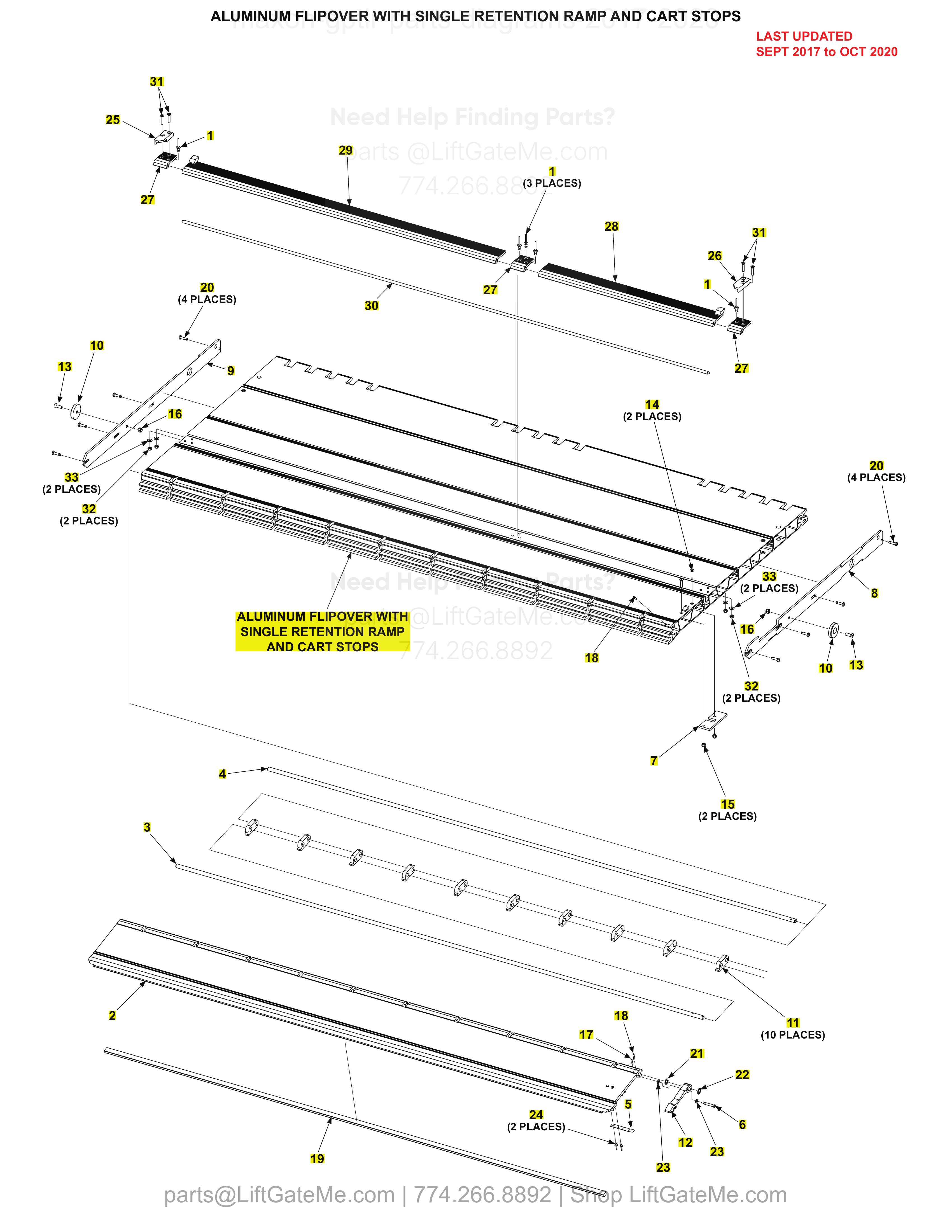 ALUMINUM FLIPOVER WITH SINGLE RETENTION RAMP AND CART STOPS diagram