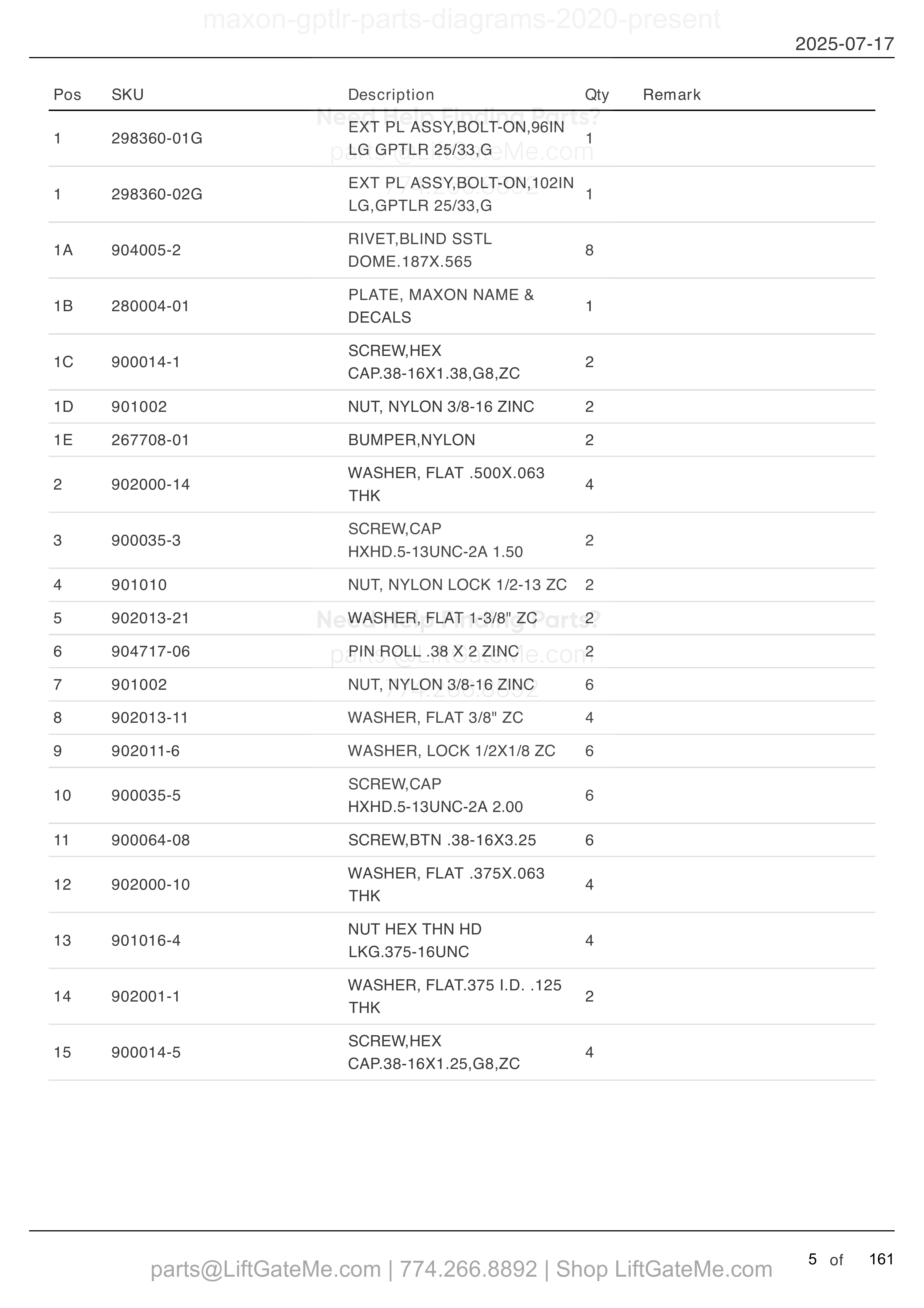 FINAL ASSEMBLY: GPTLR-25 AND GPTLR-33 parts table