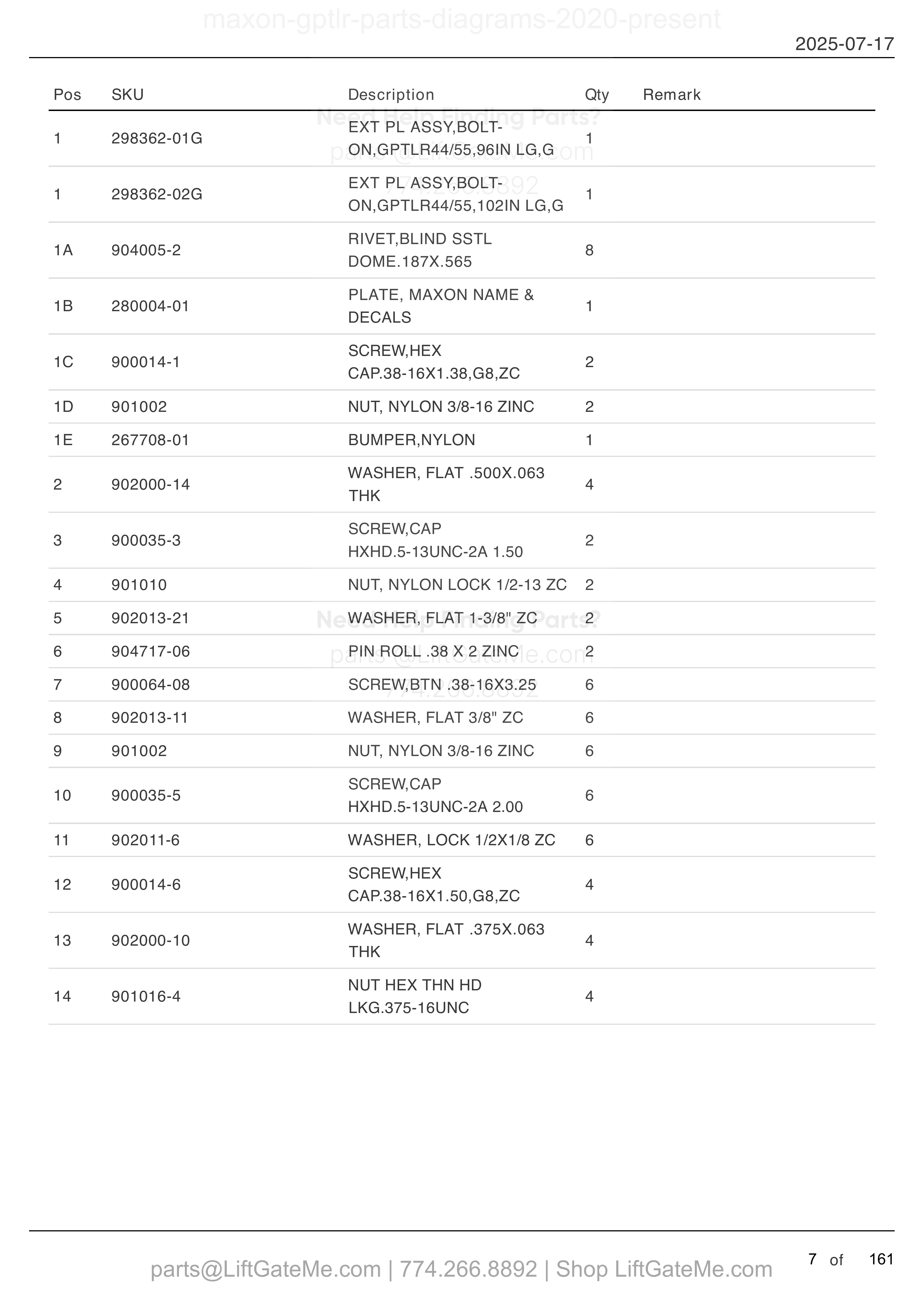 FINAL ASSEMBLY: GPTLR-44 AND GPTLR-55 parts table
