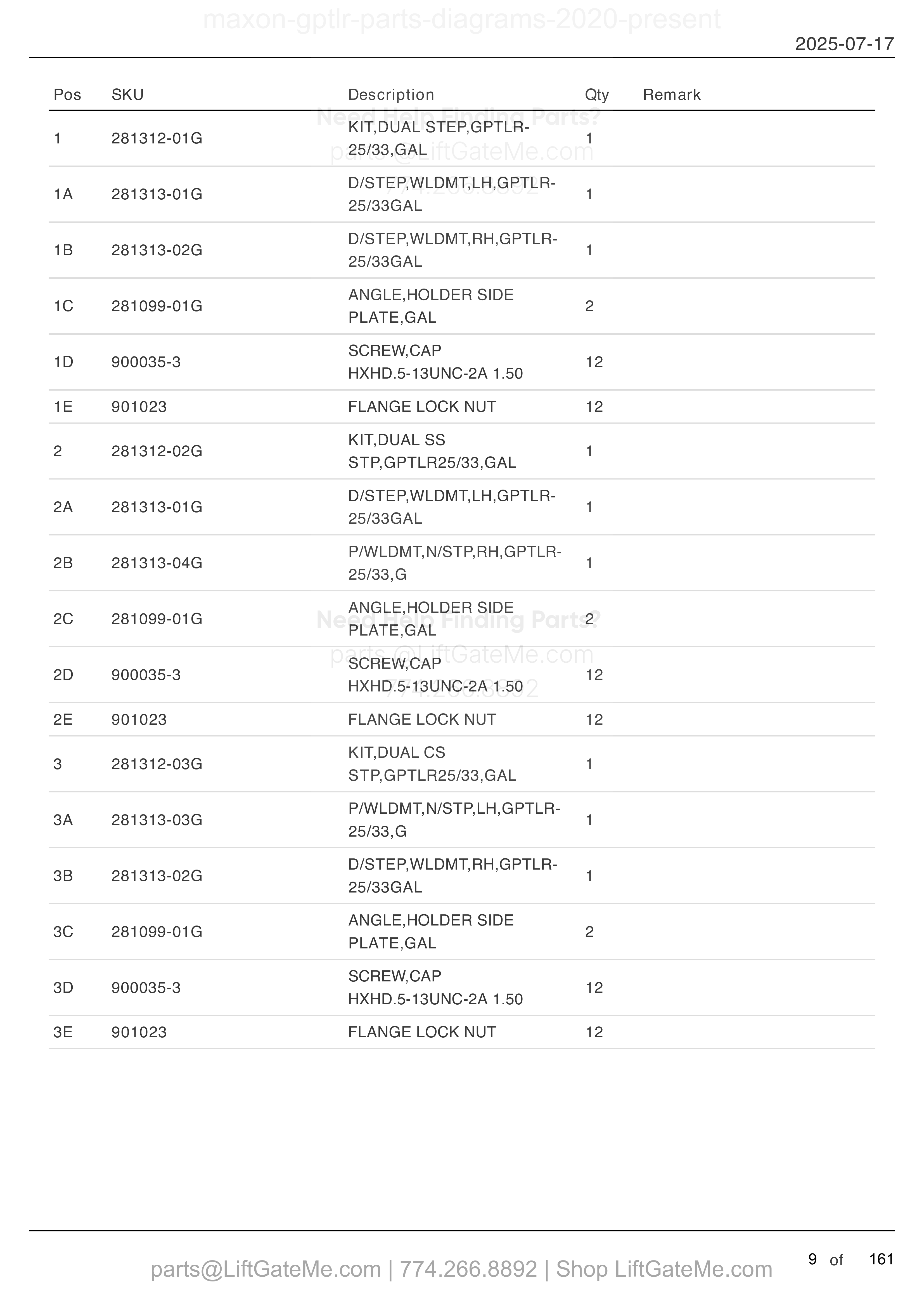 SIDE STEP: GPTLR-25 AND GPTLR-33 parts table