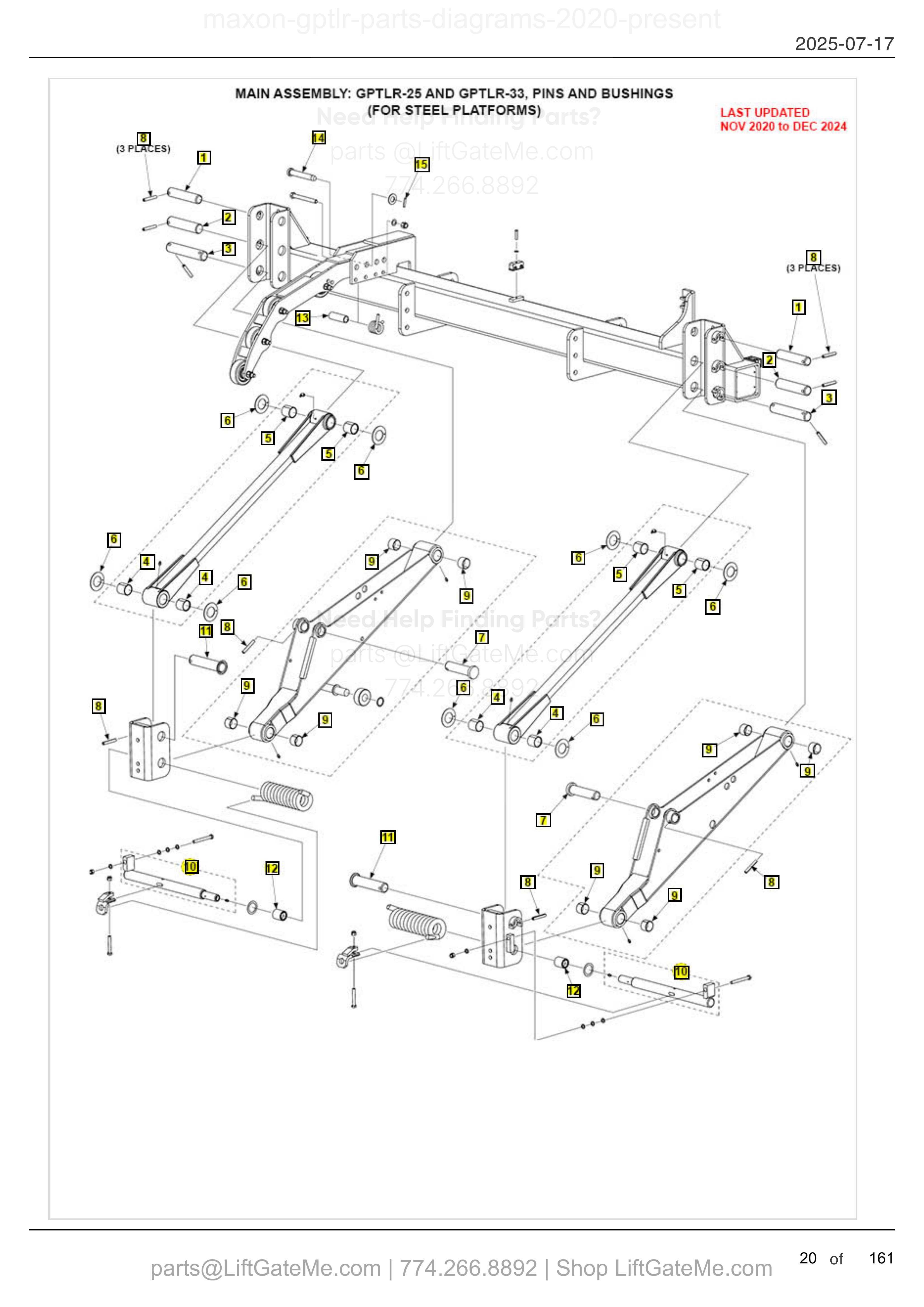 MAIN ASSEMBLY: GPTLR-25 AND GPTLR-33, PINS AND BUSHINGS (FOR STEEL PLATFORMS) diagram