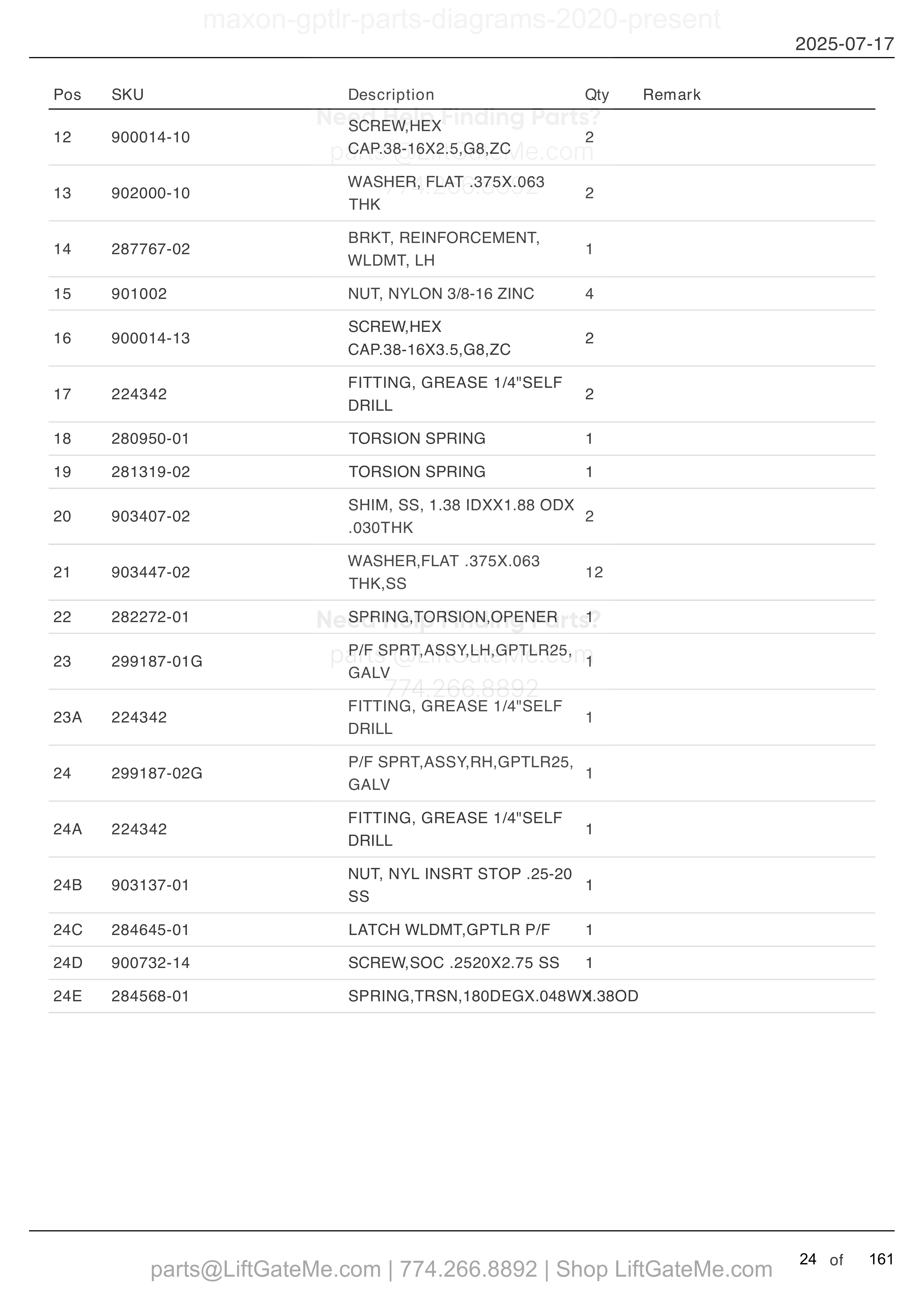MAIN ASSEMBLY: GPTLR-25 AND GPTLR-33 (continued) parts table