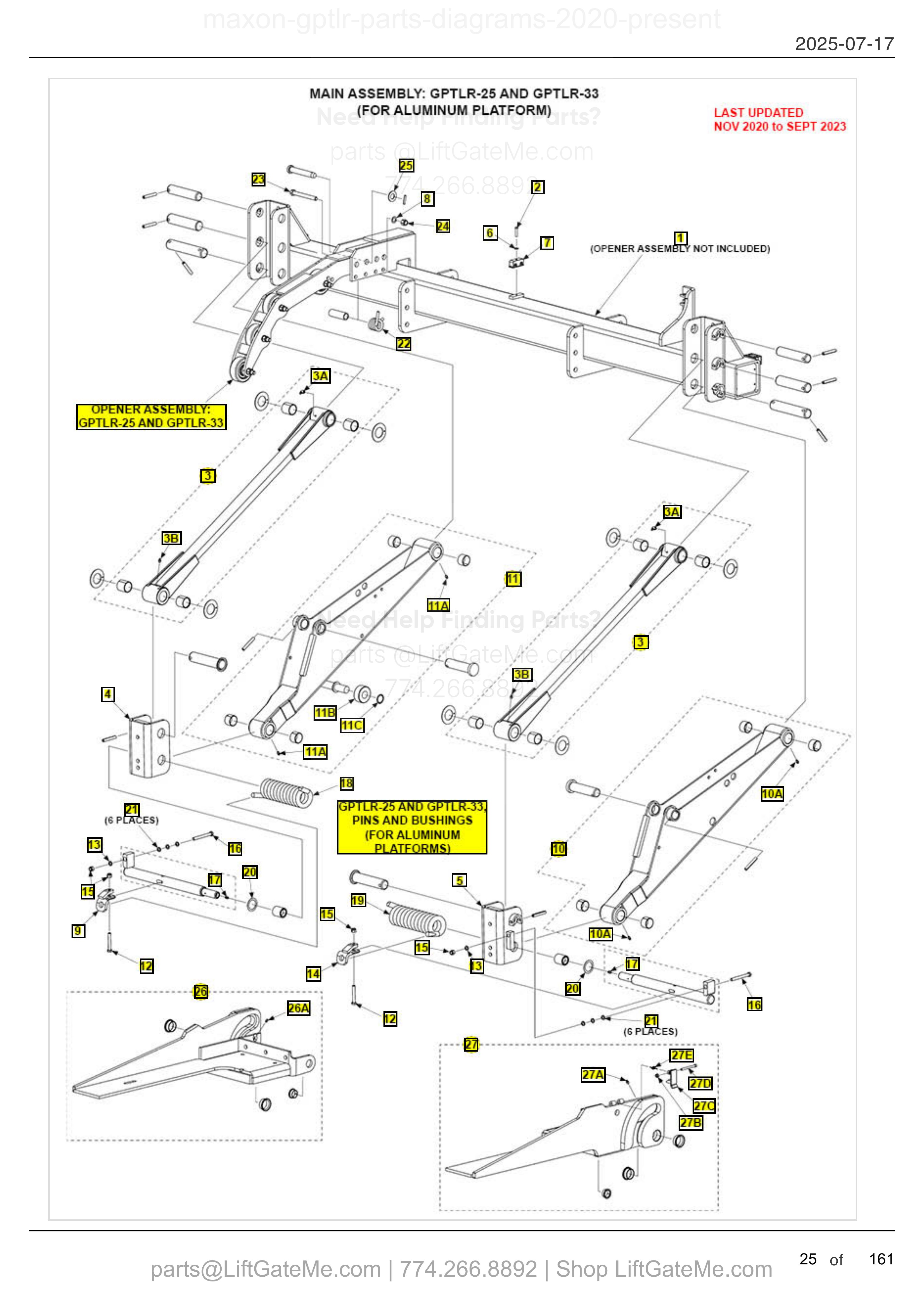 MAIN ASSEMBLY: GPTLR-25 AND GPTLR-33 (FOR ALUMINUM PLATFORM) diagram