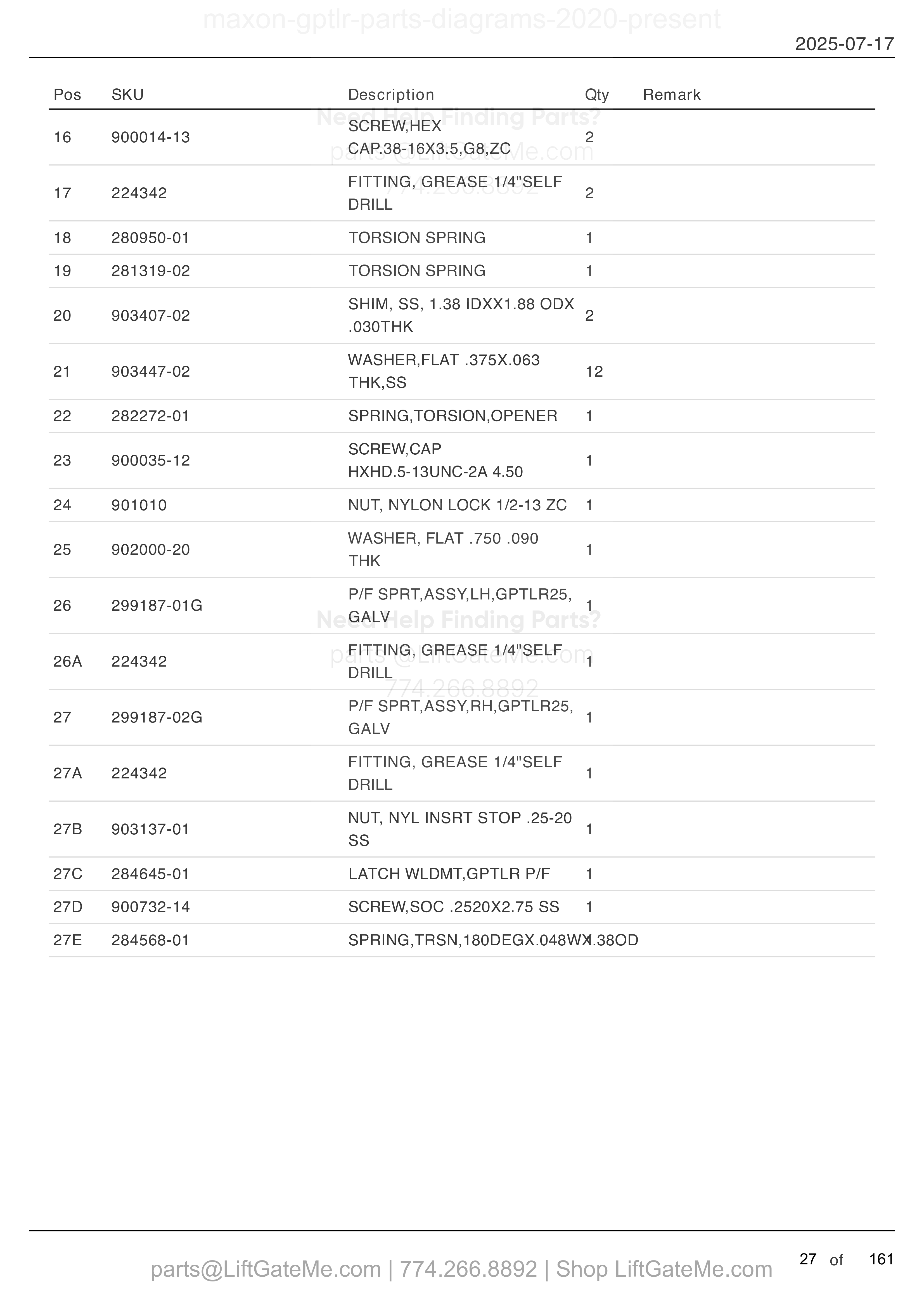 MAIN ASSEMBLY: GPTLR-25 AND GPTLR-33 (FOR ALUMINUM PLATFORM) parts table