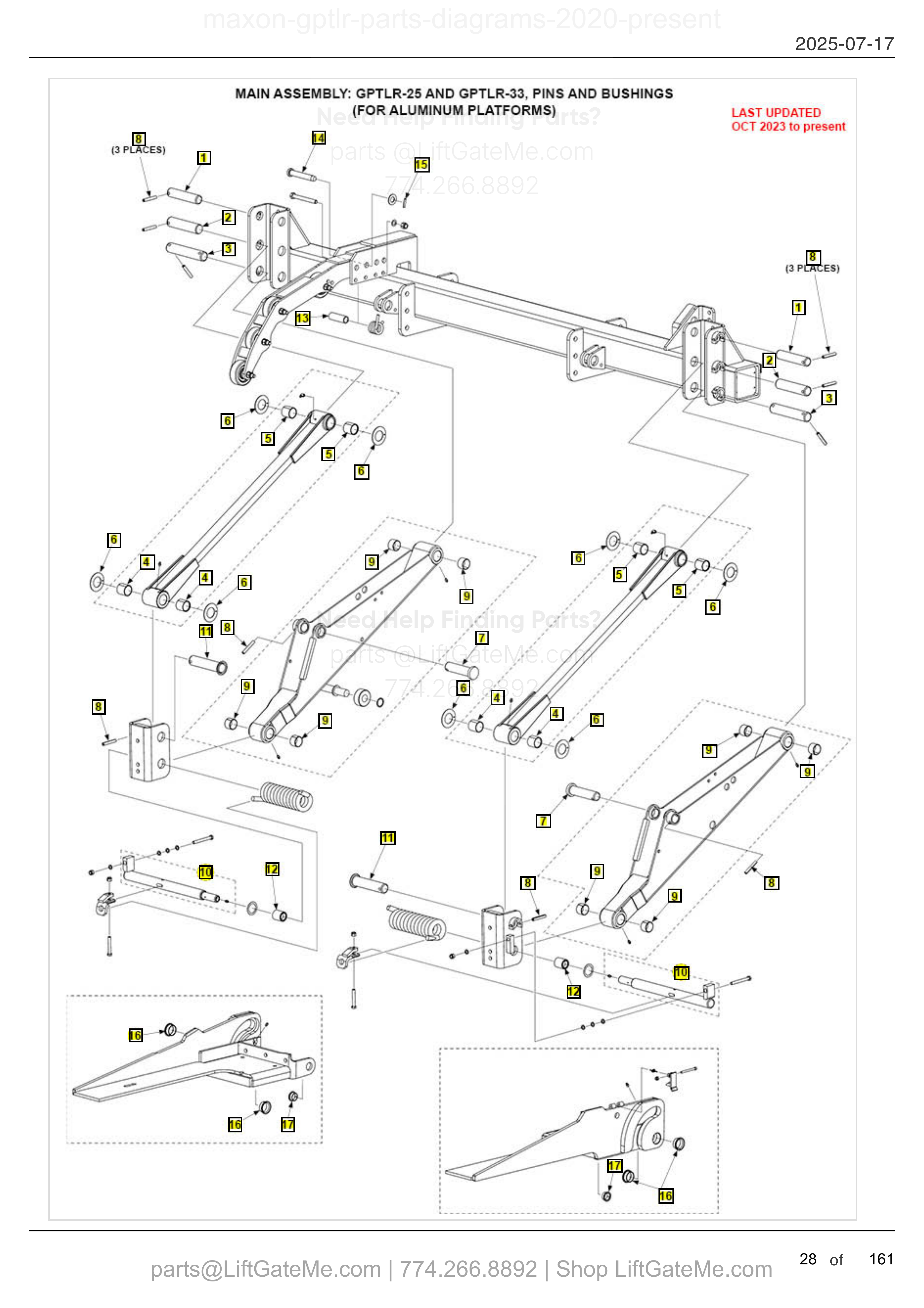 MAIN ASSEMBLY: GPTLR-25 AND GPTLR-33, PINS AND BUSHINGS (FOR ALUMINUM PLATFORMS) diagram