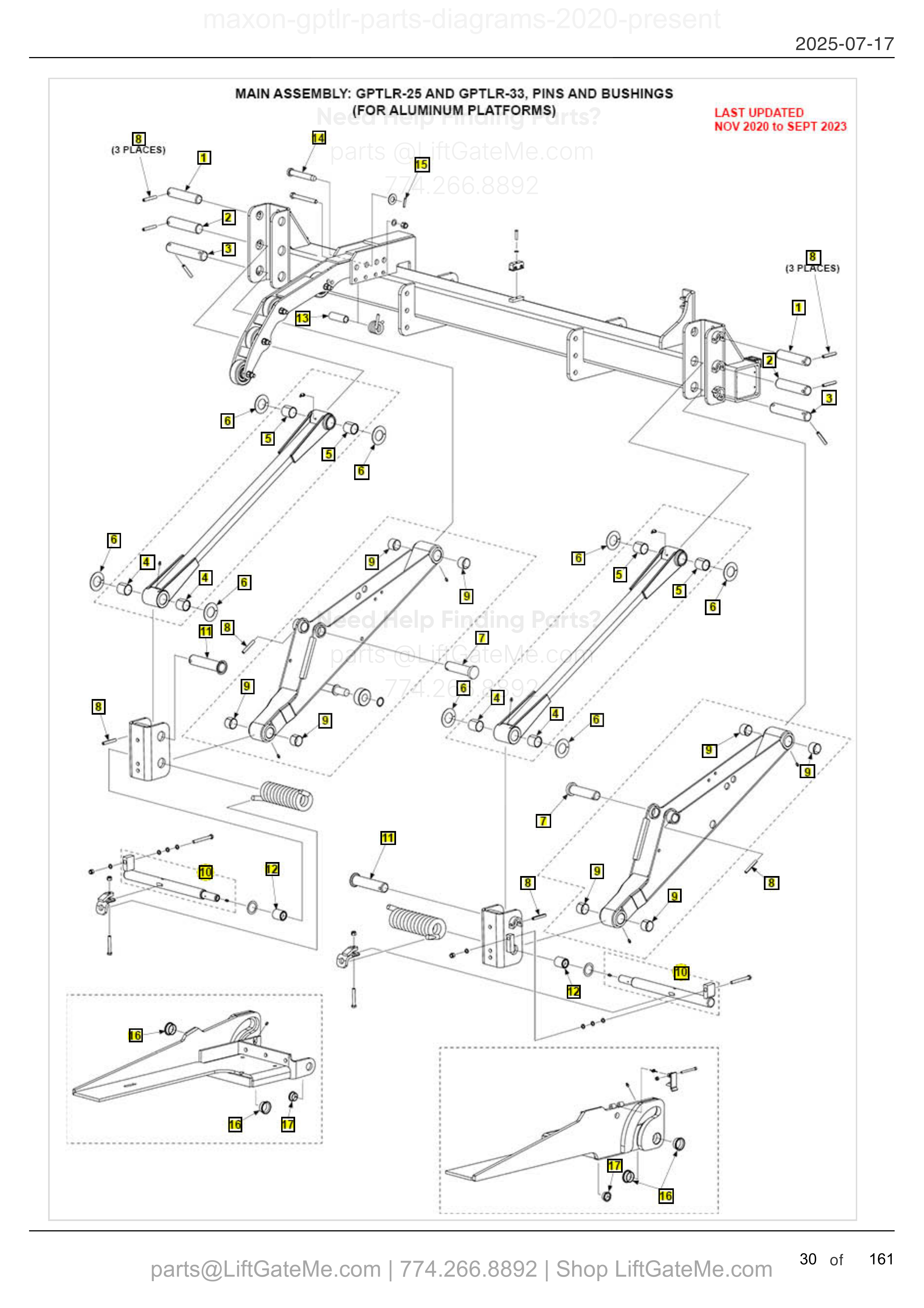 MAIN ASSEMBLY: GPTLR-25 AND GPTLR-33, PINS AND BUSHINGS (FOR ALUMINUM PLATFORMS) diagram